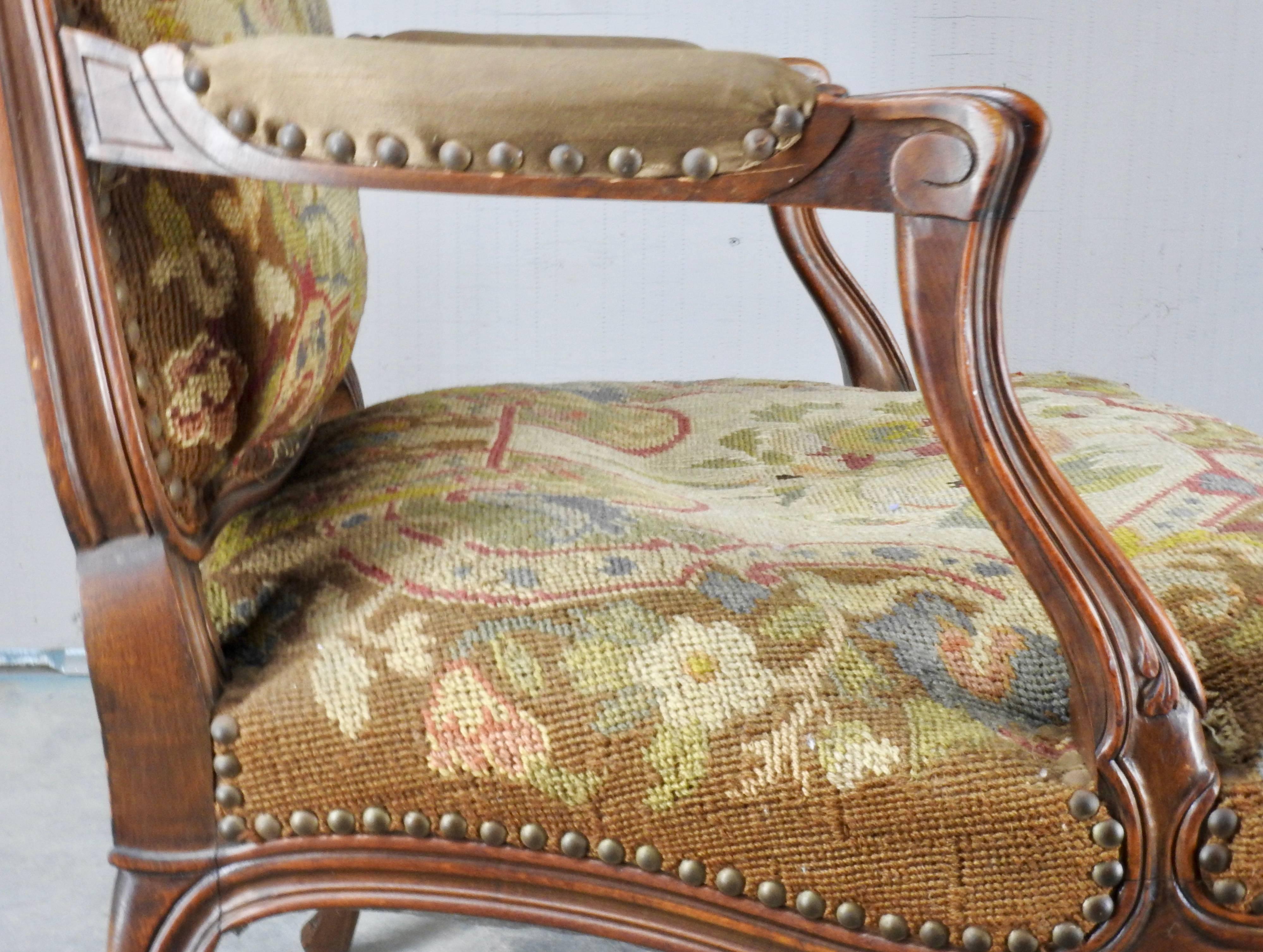 19th Century French Rococo Fauteuil with Needlepoint Upholstery For Sale