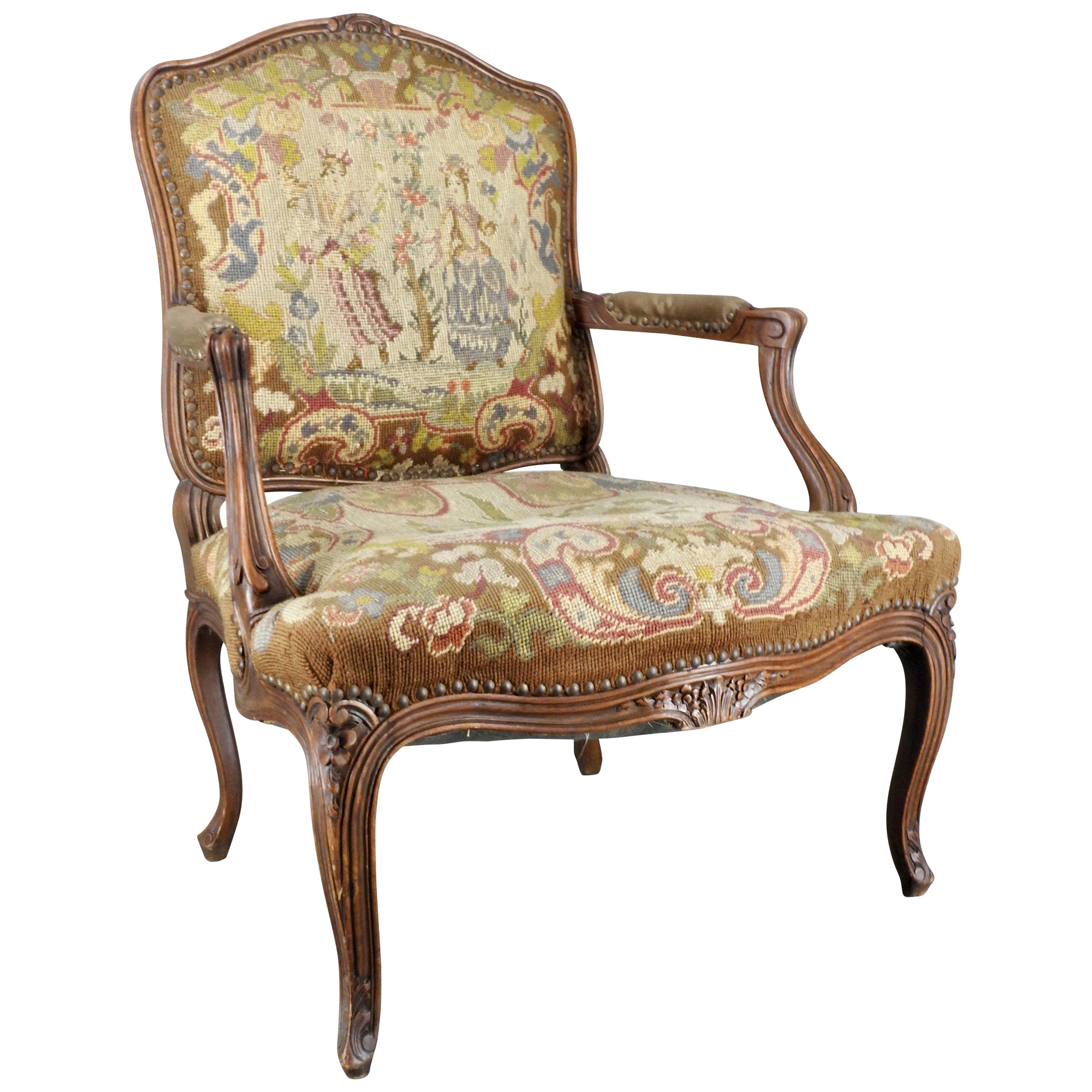 French Rococo Fauteuil with Needlepoint Upholstery For Sale
