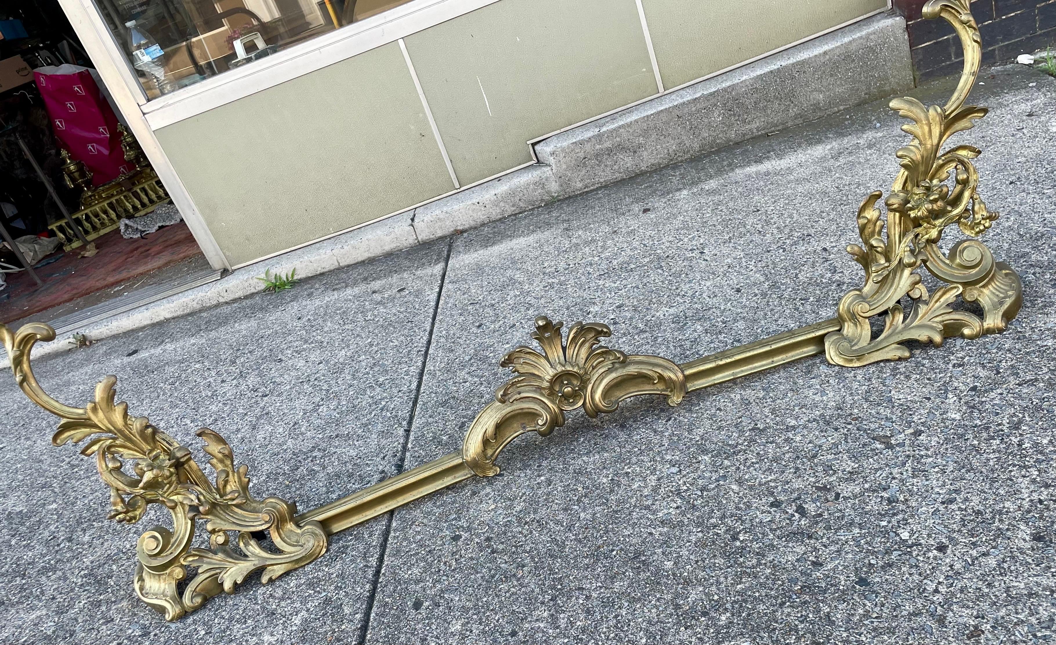 Cast French Rococo Floral & Swirl Pattern Chenets & Fender 3 pcs Set For Sale