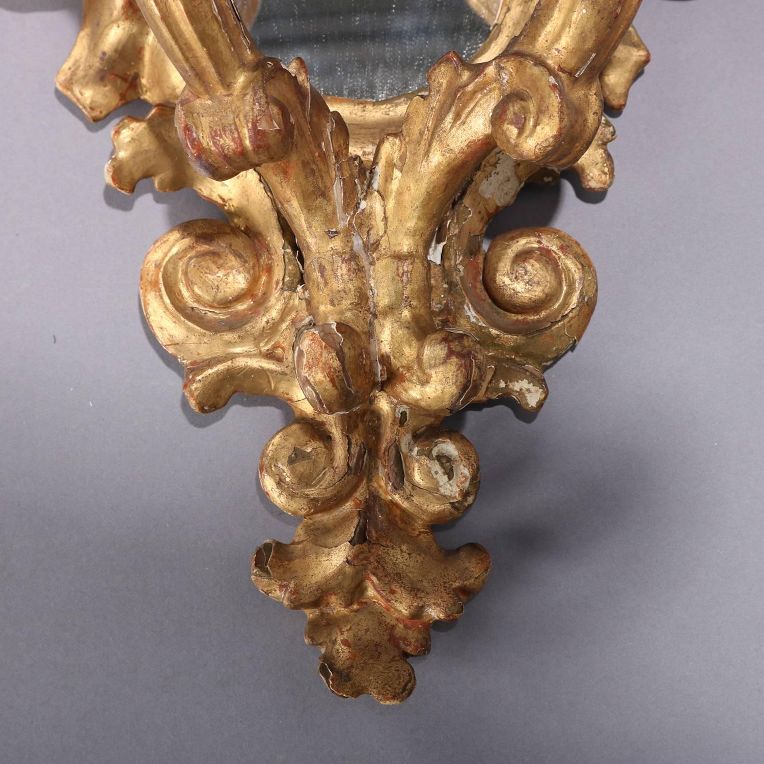 French Rococo Foliate Carved Giltwood Mirrored Candle Sconces, Electric In Good Condition In Big Flats, NY