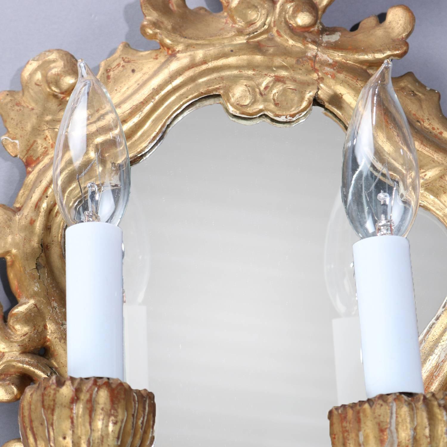 French Rococo Foliate Carved Giltwood Mirrored Candle Sconces, Electric 1