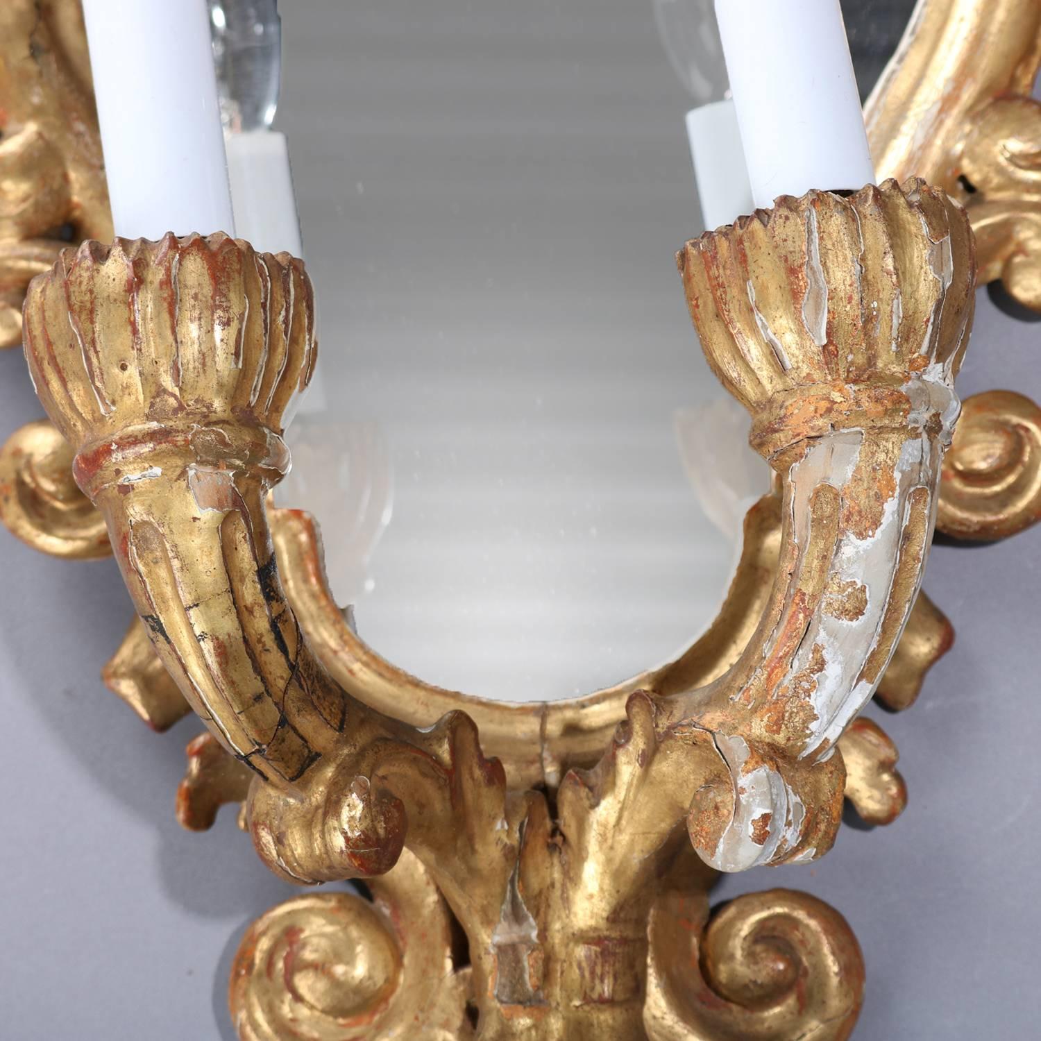 French Rococo Foliate Carved Giltwood Mirrored Candle Sconces, Electric 5