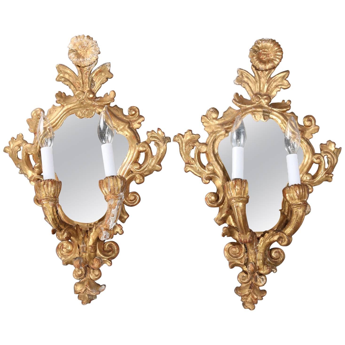 French Rococo Foliate Carved Giltwood Mirrored Candle Sconces, Electric