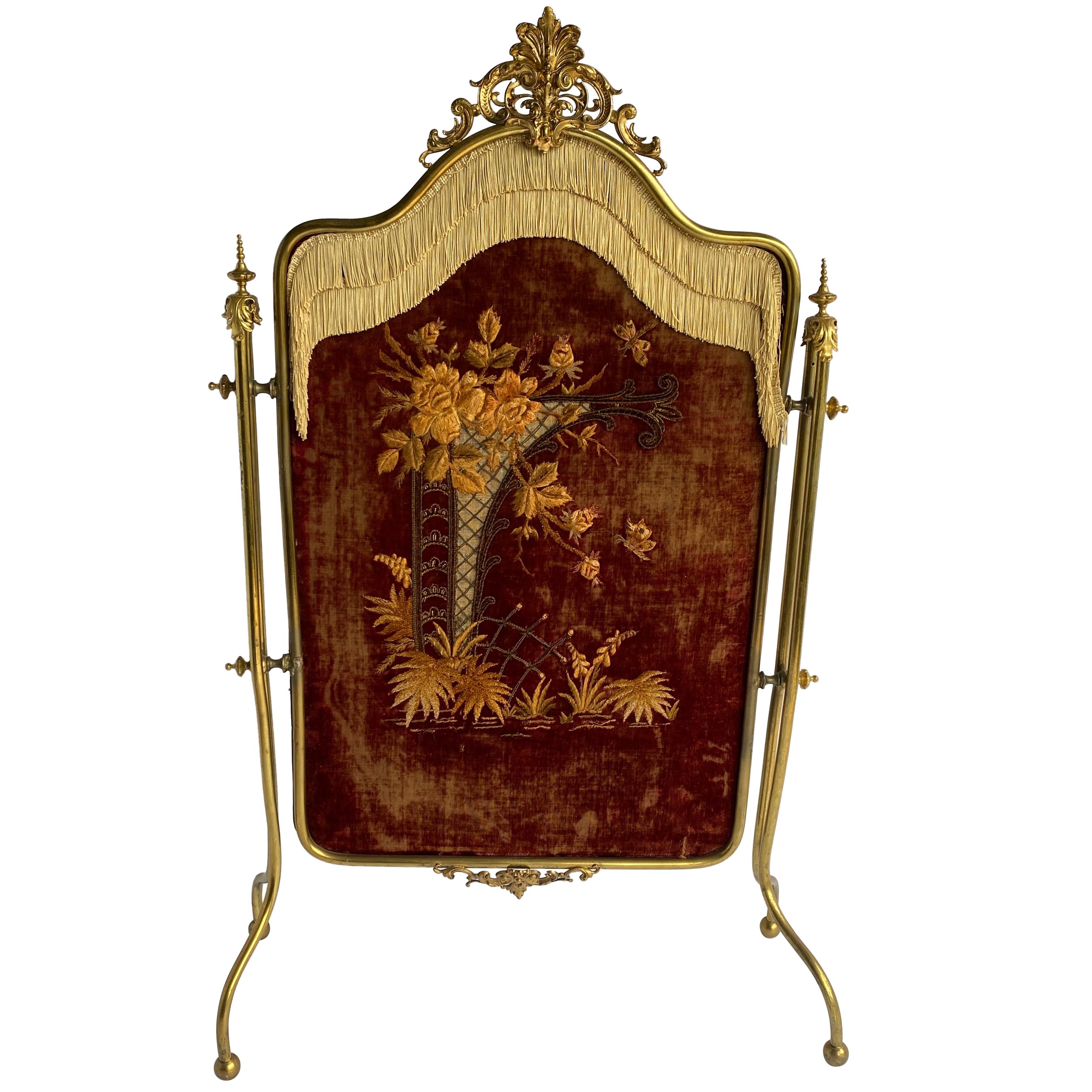 French Rococo Gilt and Velvet Embroidered Fire Screen