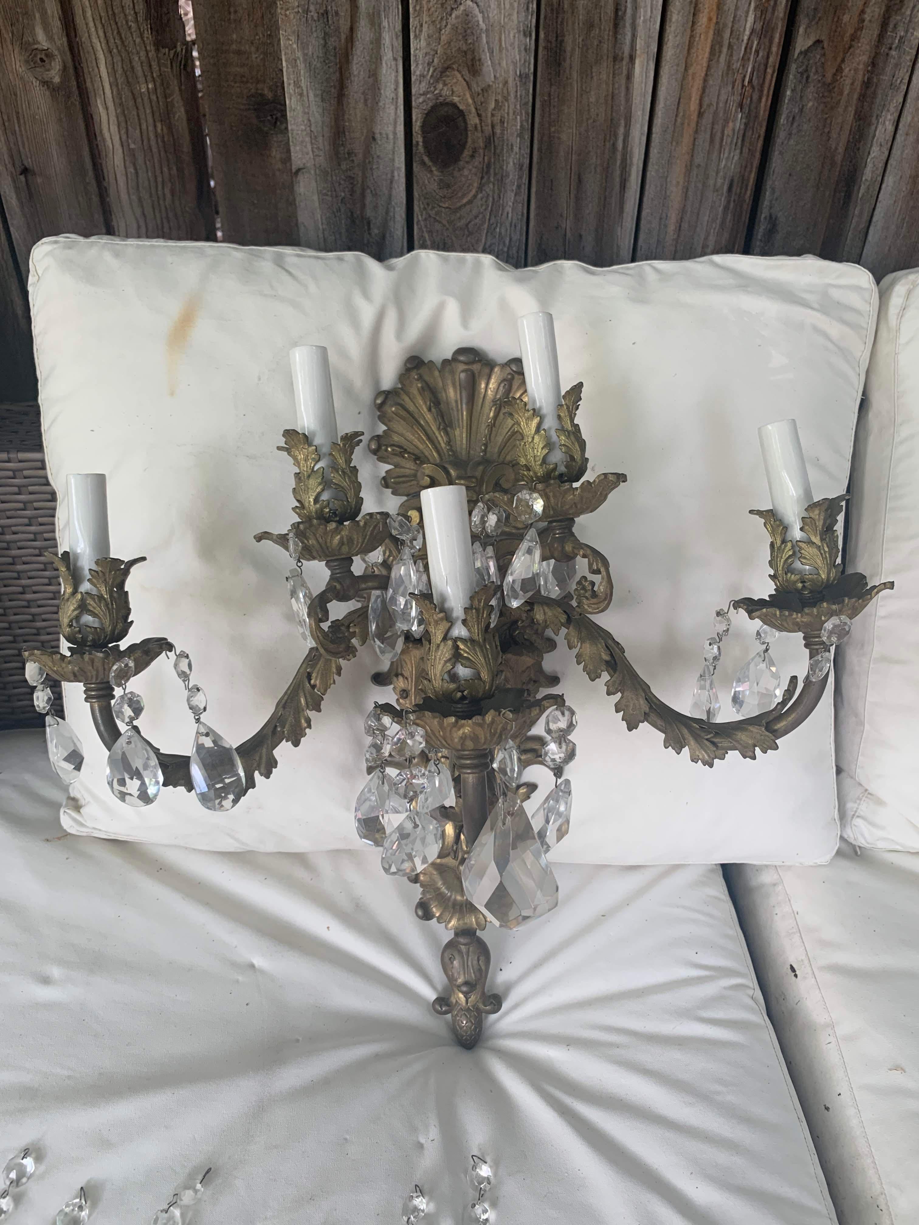 French Rococo Gilt Bronze and Crystal Sconces With Five Arms, Circa 1820,  Pair For Sale 7