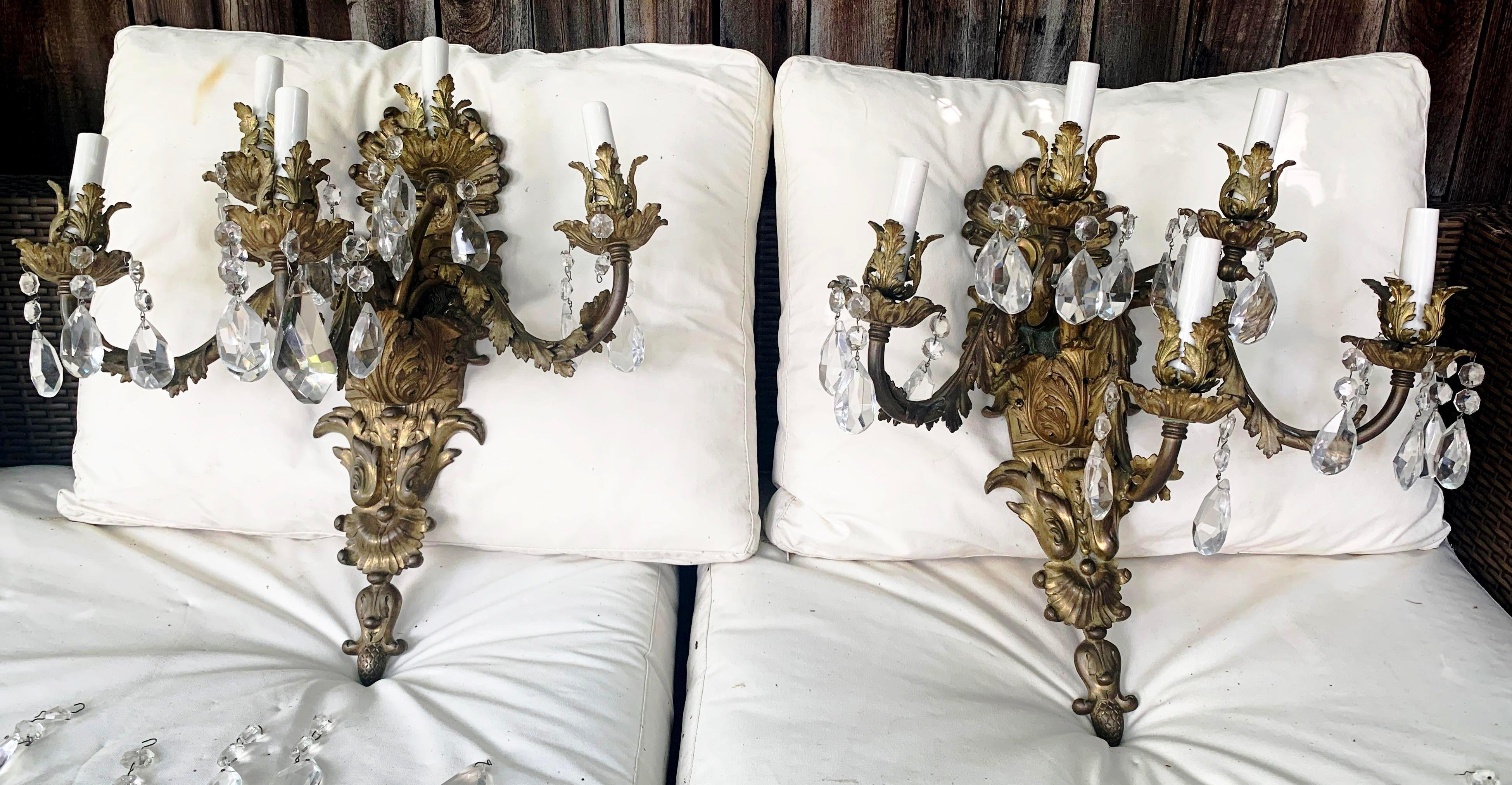 French Rococo Gilt Bronze and Crystal Sconces With Five Arms, Circa 1820,  Pair For Sale 8
