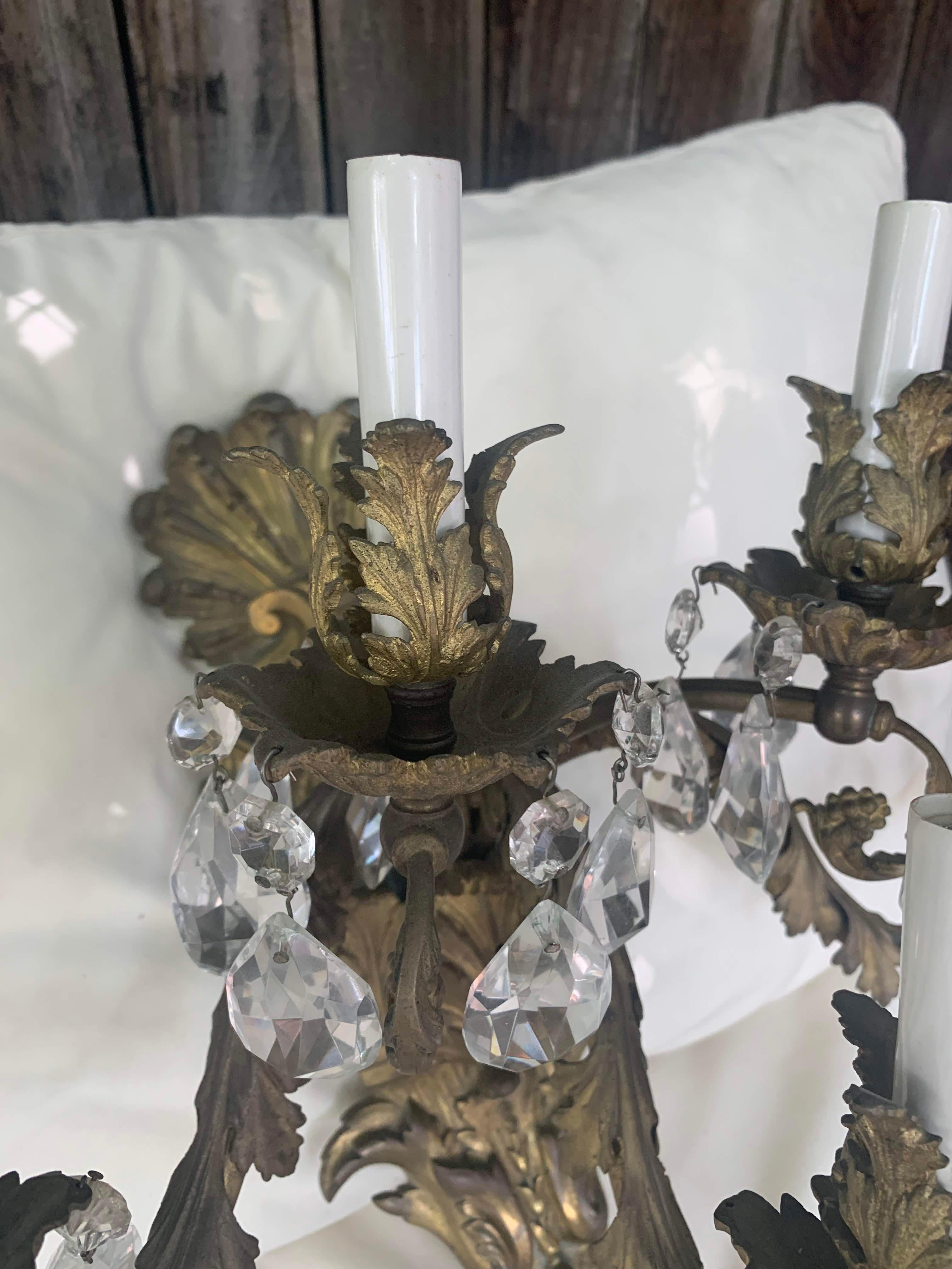 Hand-Crafted French Rococo Gilt Bronze and Crystal Sconces With Five Arms, Circa 1820,  Pair For Sale
