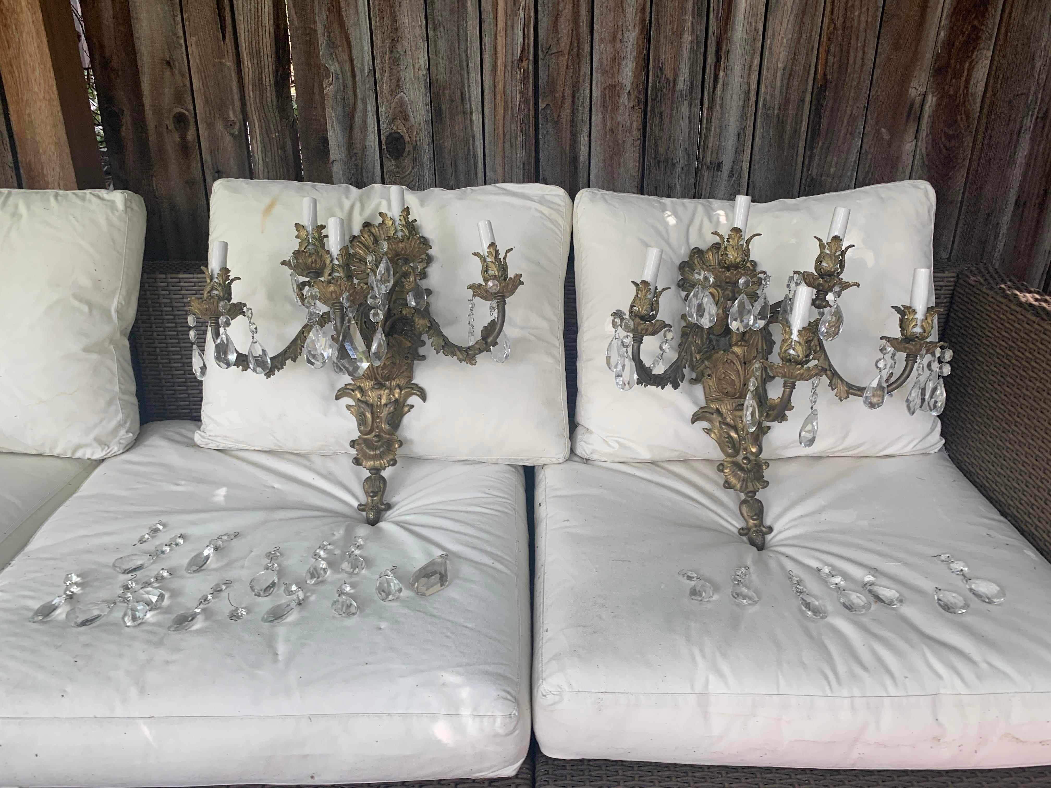French Rococo Gilt Bronze and Crystal Sconces With Five Arms, Circa 1820,  Pair In Fair Condition For Sale In Sheridan, CO