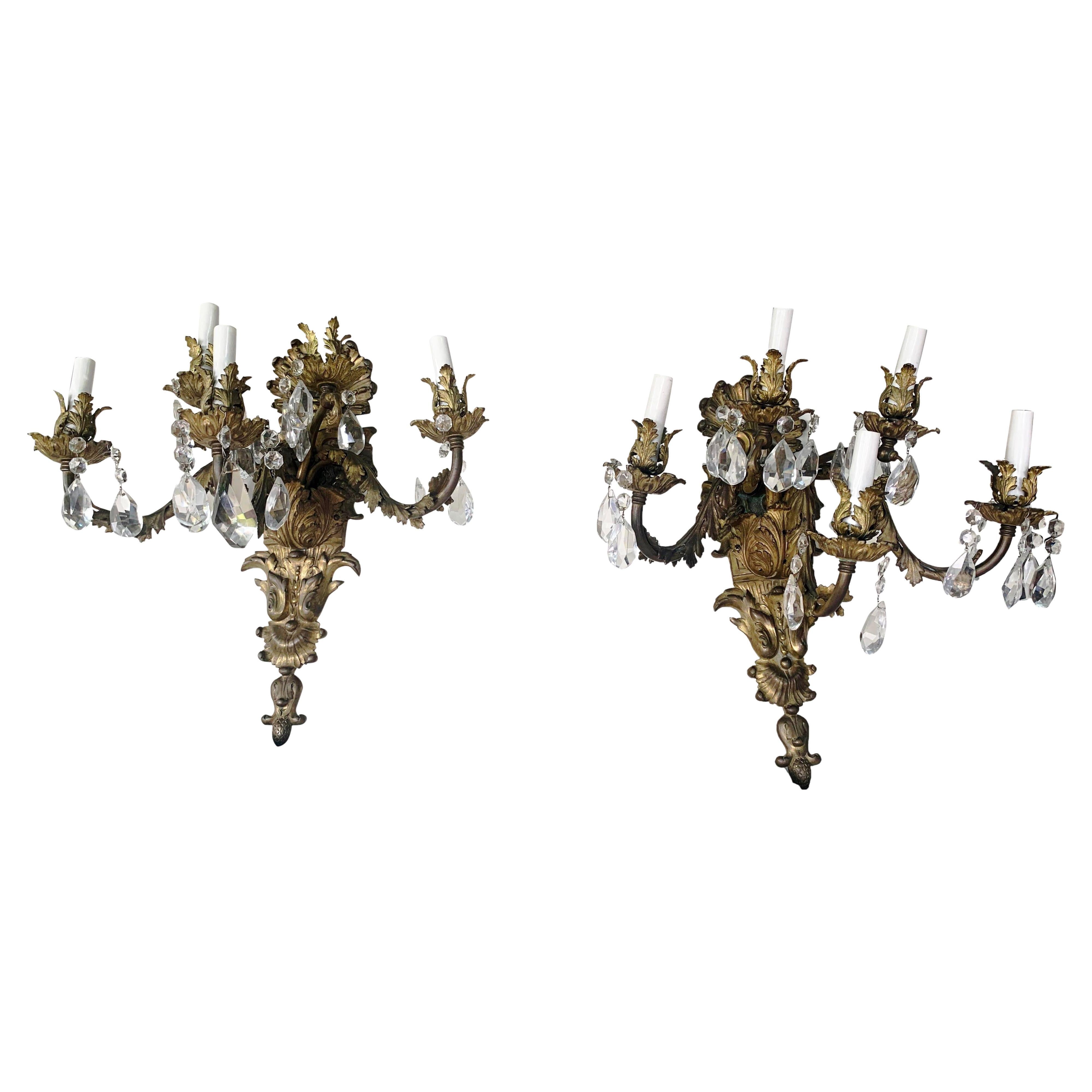 French Rococo Gilt Bronze and Crystal Sconces With Five Arms, Circa 1820,  Pair