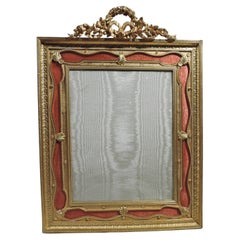 Antique French Rococo Gilt Bronze Picture Frame with Enamel Ribbon Border