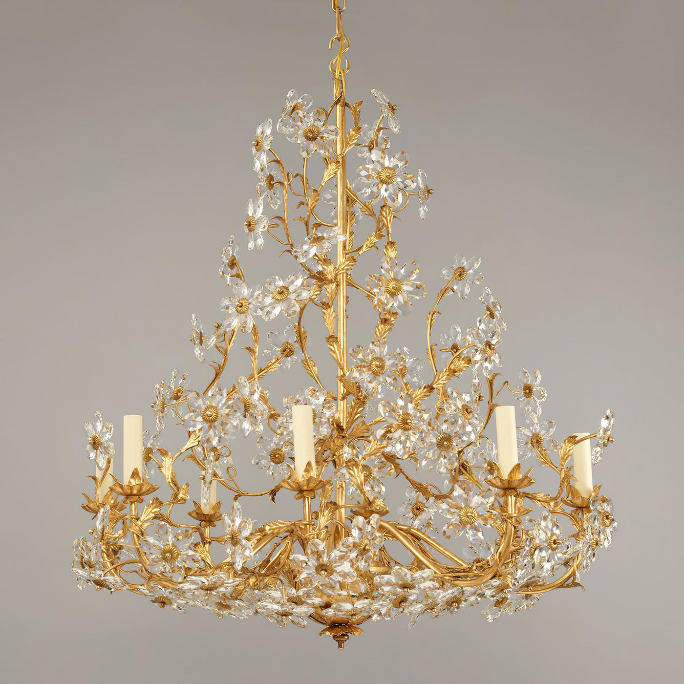 French Rococo gilded eight-light chandelier, the striking contrast of glass daisies with the gilt finish creates an organic feel and texture. Fabricated from a painted steel frame, with a patinated gilt finish.

Dimensions: 29