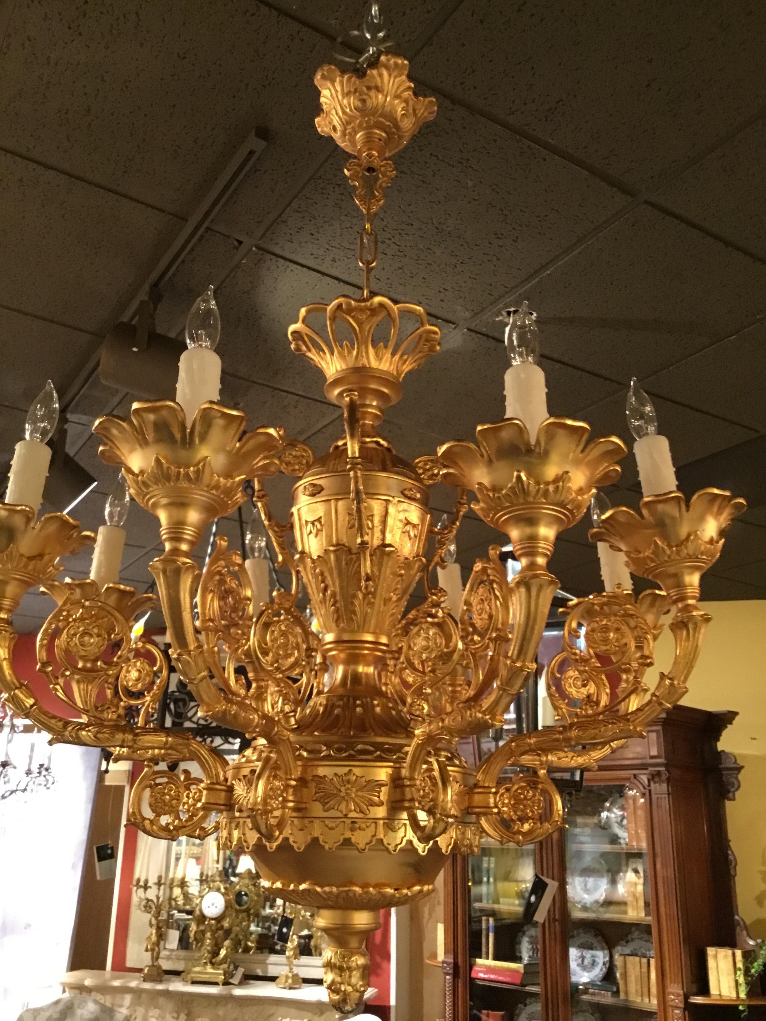Stunning fixture featuring an urn-shaped stem surmounted by contoured arms
Ornately decorated with scrolling leaves and rosettes, and having floral
Inspired candle cups with acanthus overlay. Exhibiting a lustrous gold wash.