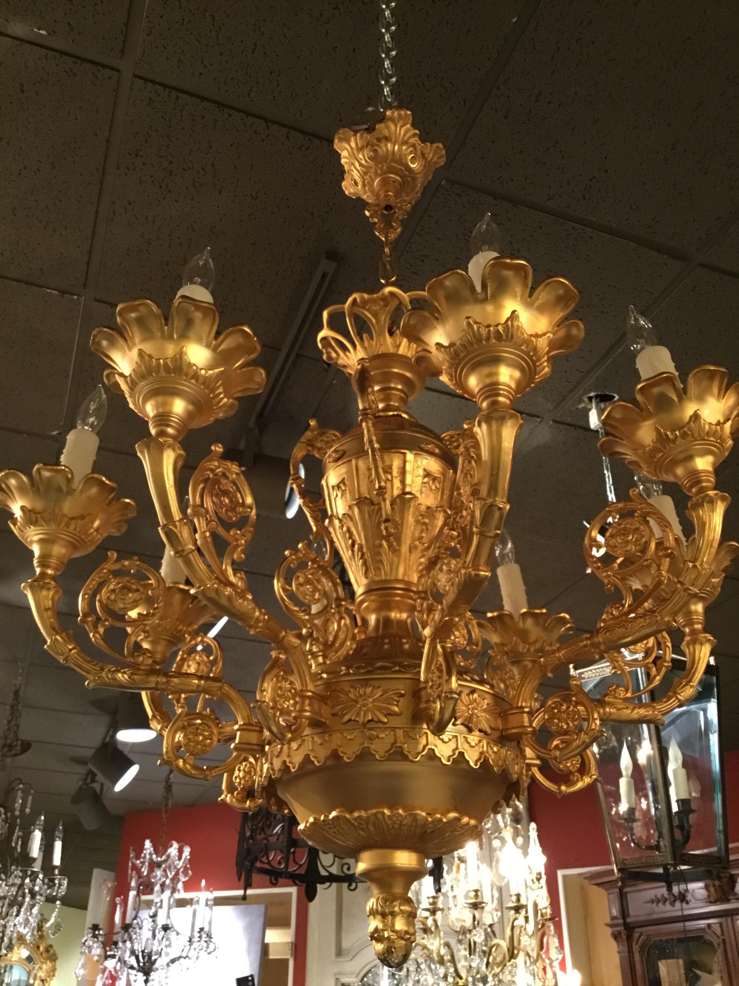 French Rococo Gold Washed Bronze Chandelier In Good Condition For Sale In Houston, TX