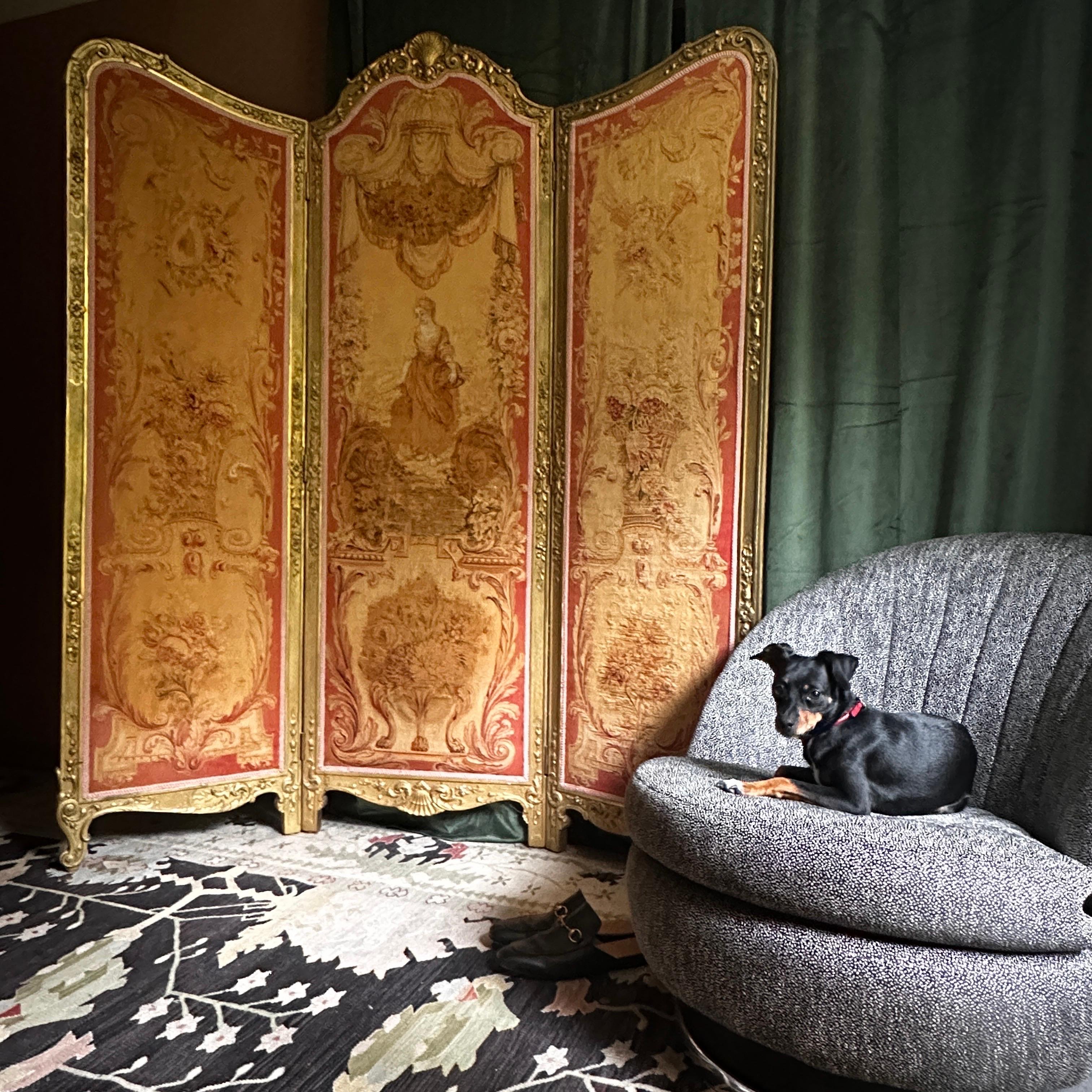 French Aubusson dressing screen or room divider, carved wood construction (not plaster) with very fine floral and shell motif, a few small losses but intact and sturdy. Antique Aubusson panels outfitted to the front, center shows some staining at