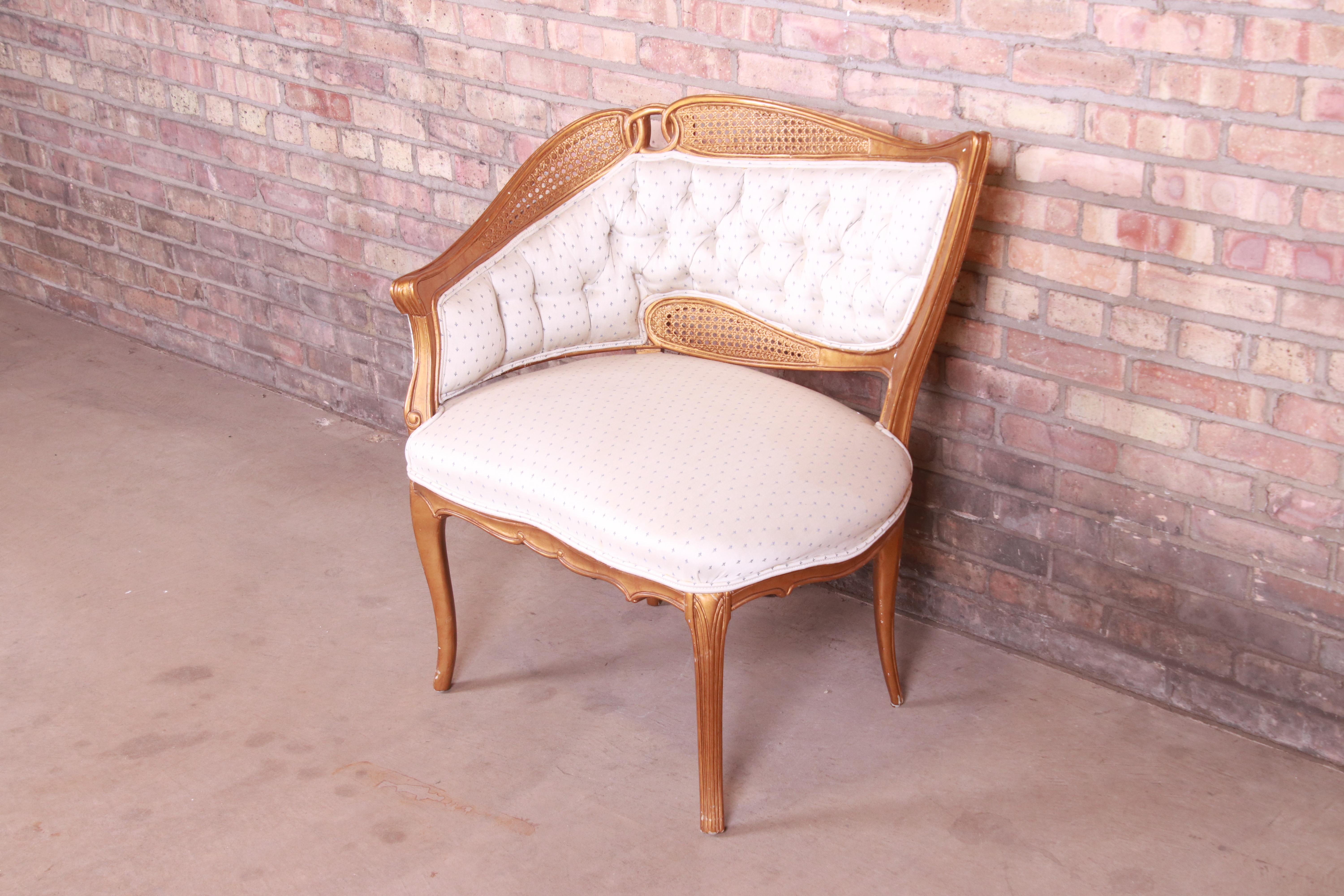 French Rococo Louis XV Giltwood and Cane Upholstered Fireside Chair In Good Condition In South Bend, IN