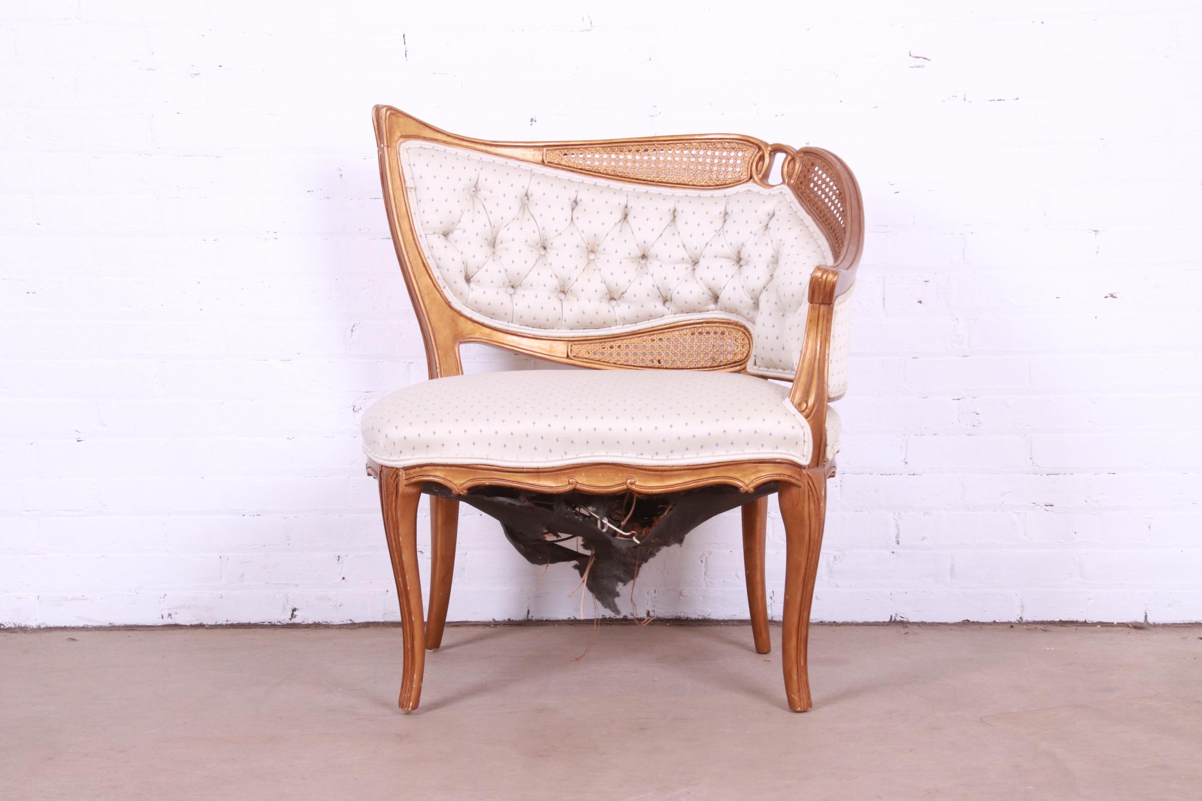 20th Century French Rococo Louis XV Giltwood and Cane Upholstered Fireside Chair