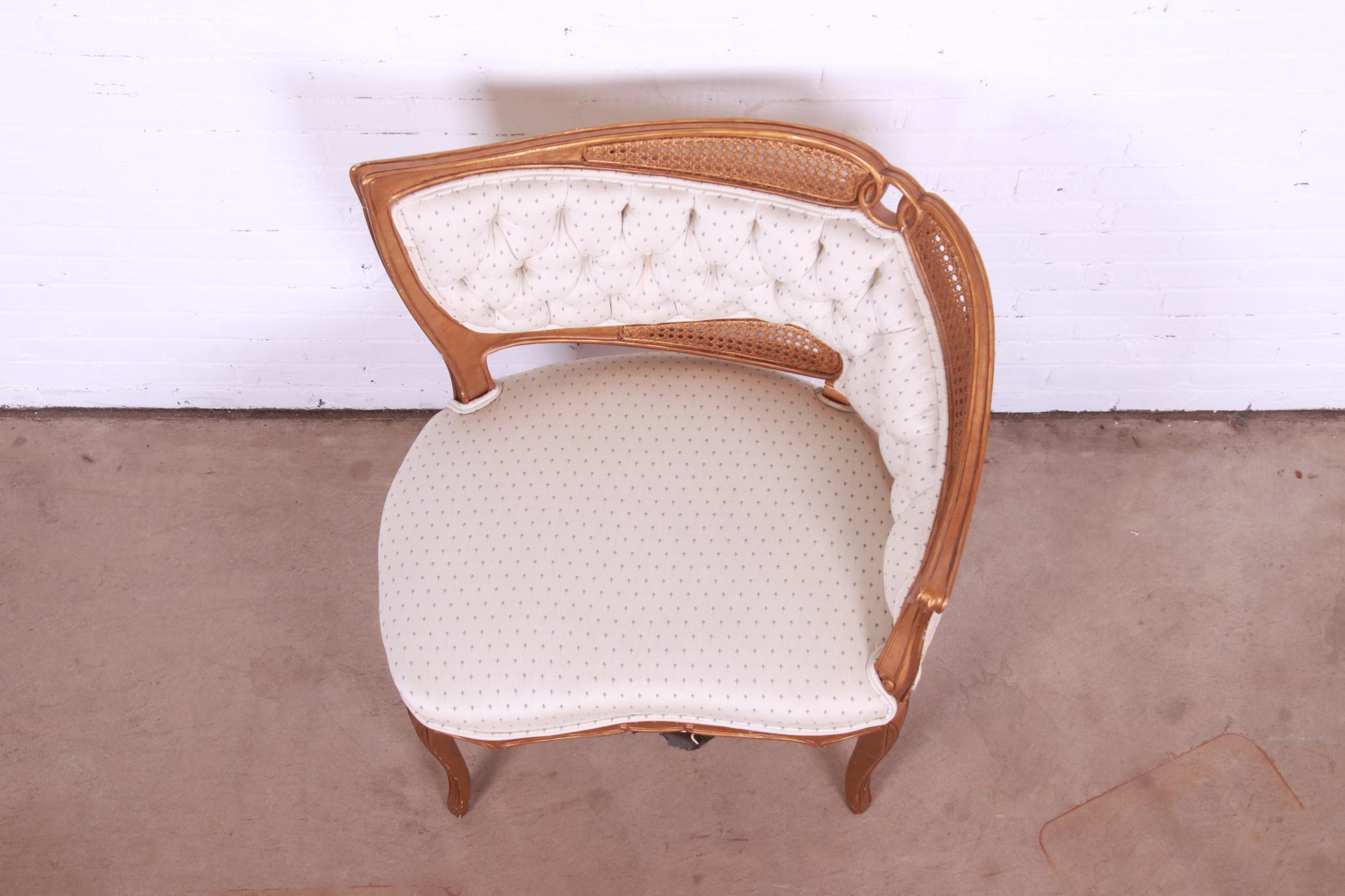 French Rococo Louis XV Giltwood and Cane Upholstered Fireside Chair 2