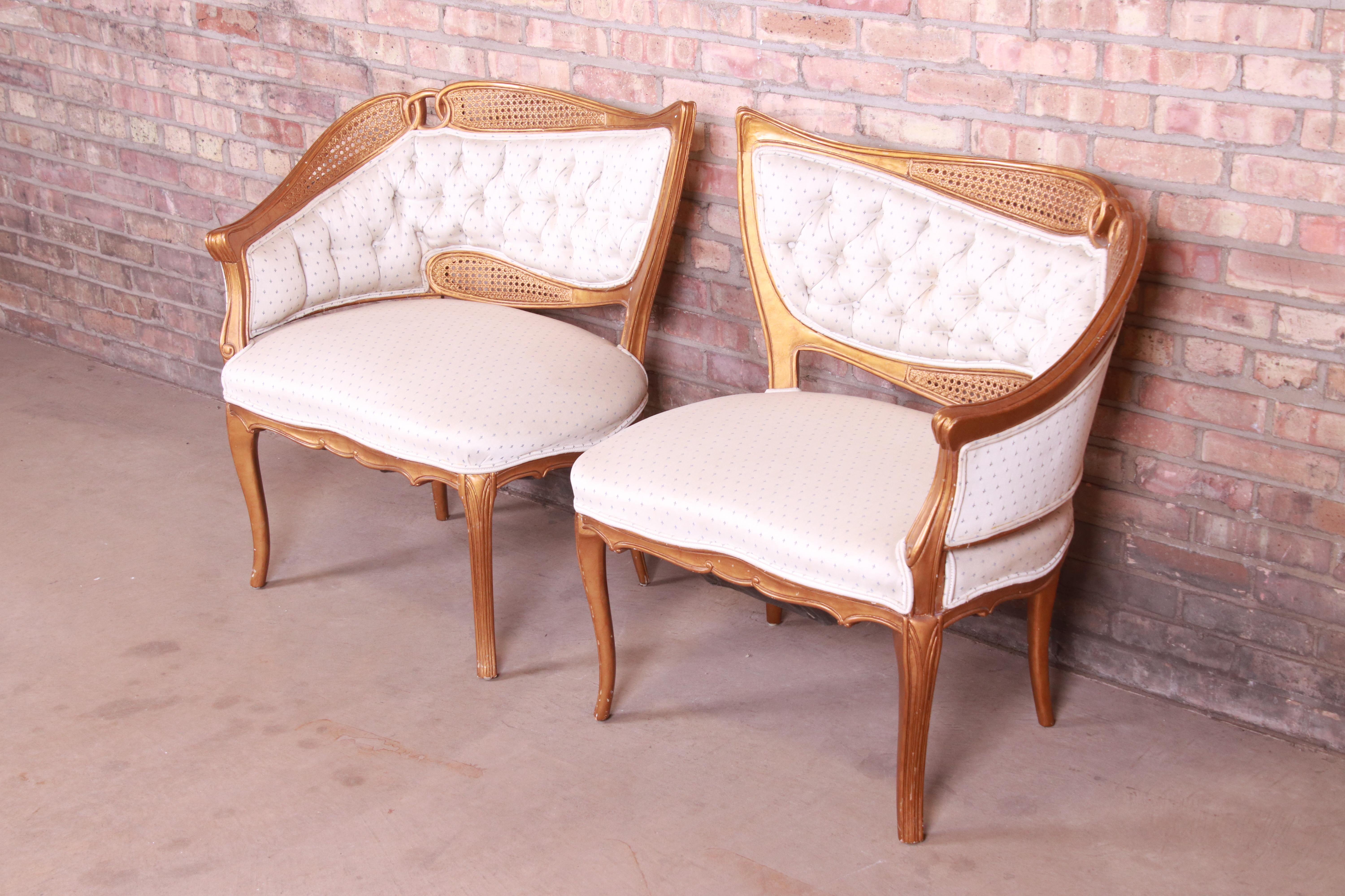 French Rococo Louis XV Giltwood and Cane Upholstered Fireside Chairs, Pair In Good Condition In South Bend, IN
