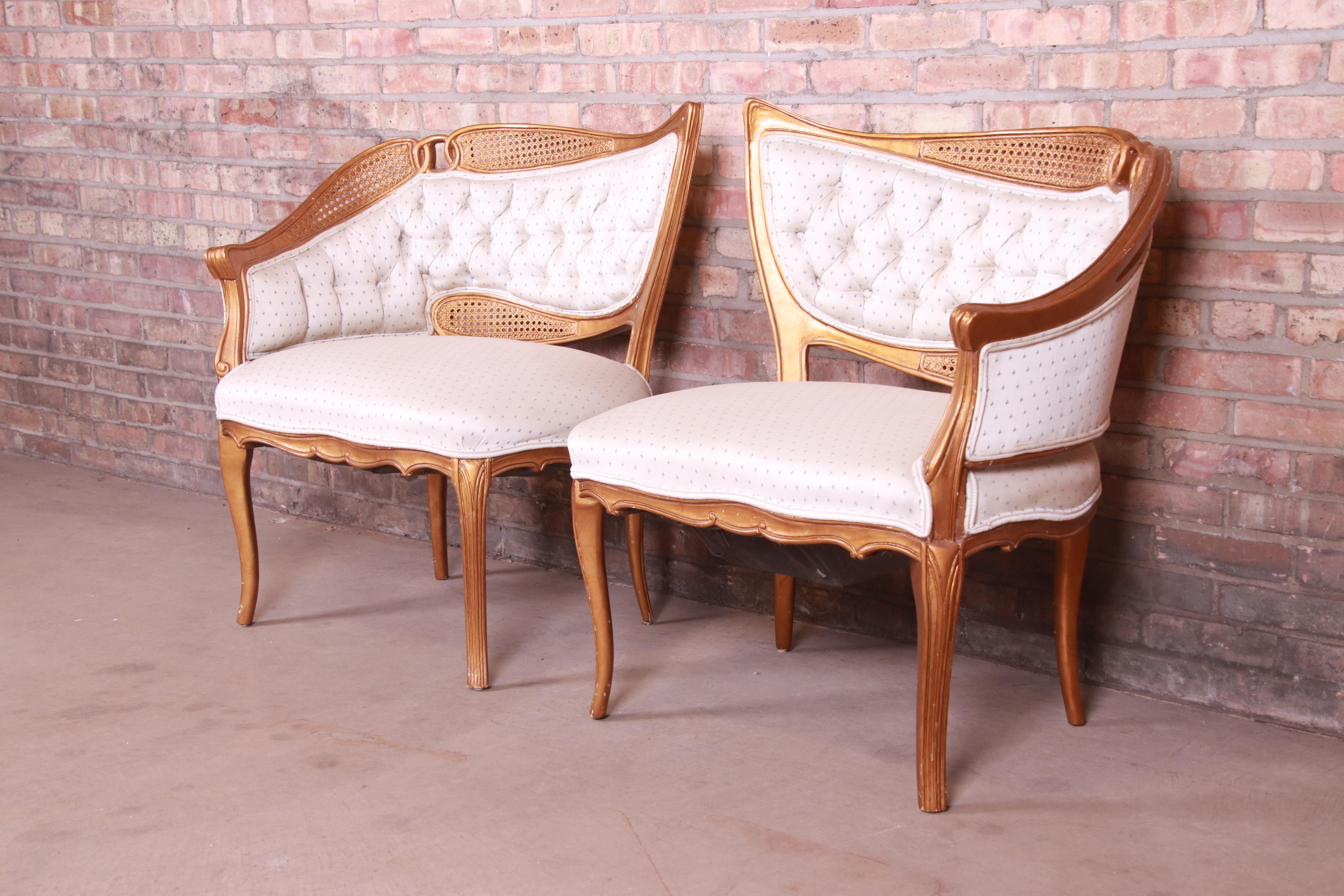 20th Century French Rococo Louis XV Giltwood and Cane Upholstered Fireside Chairs, Pair