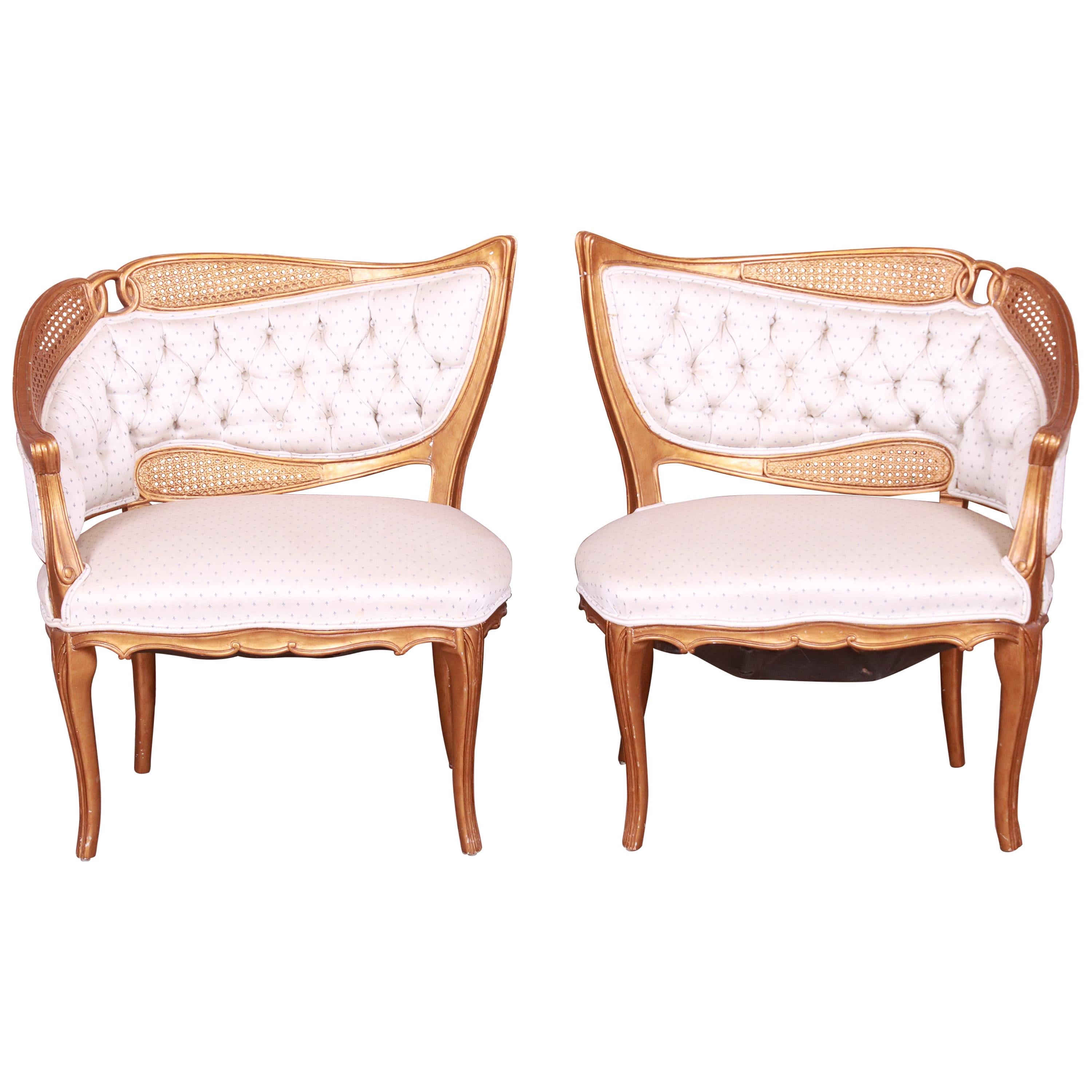French Rococo Louis XV Giltwood and Cane Upholstered Fireside Chairs, Pair