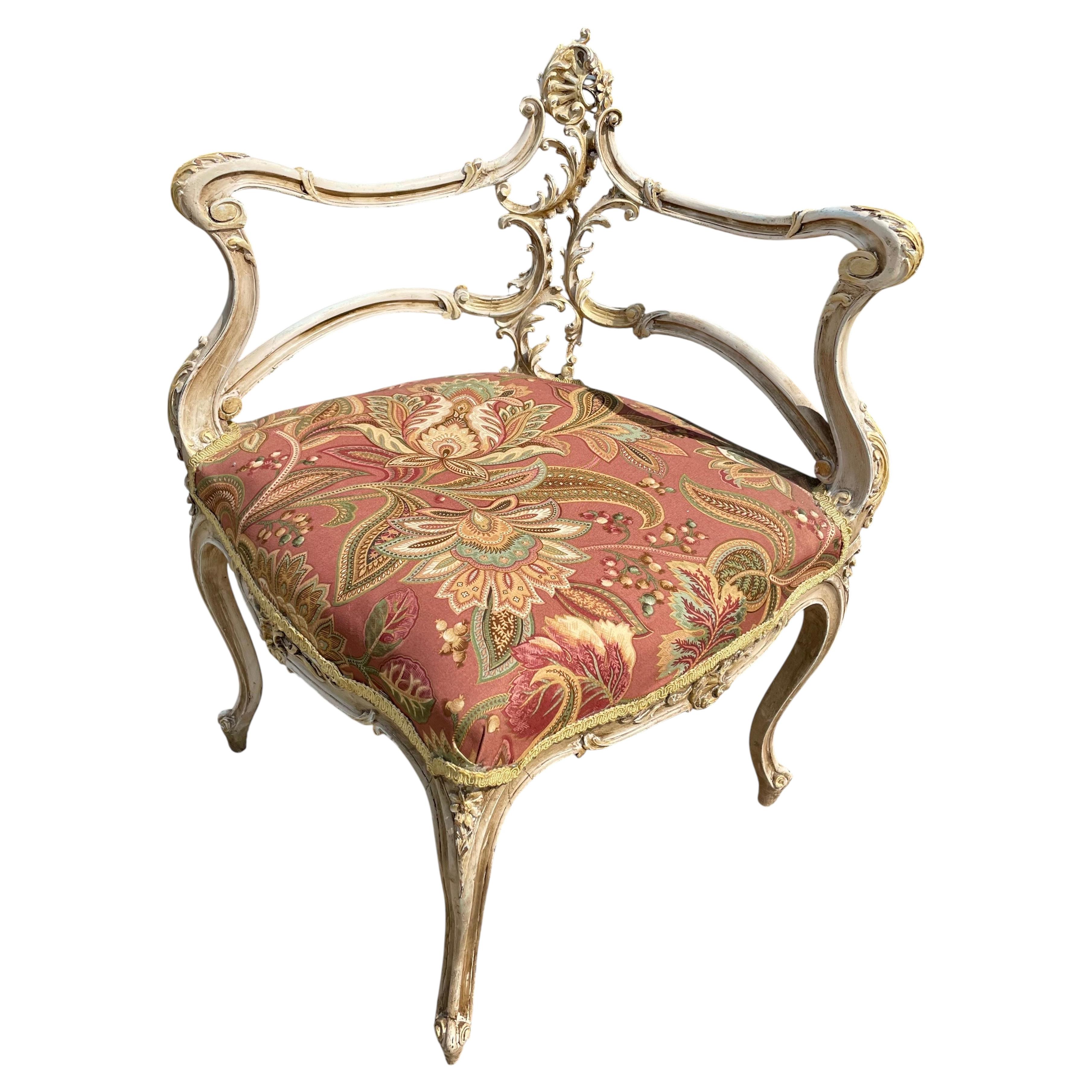 French Rococo Louis XV Ornately Carved Painted Distressed Corner Captain's Chair For Sale