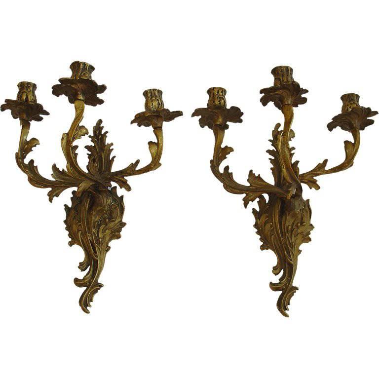 French Rococo Louis XV Style Bronze Three-Arm Sconces