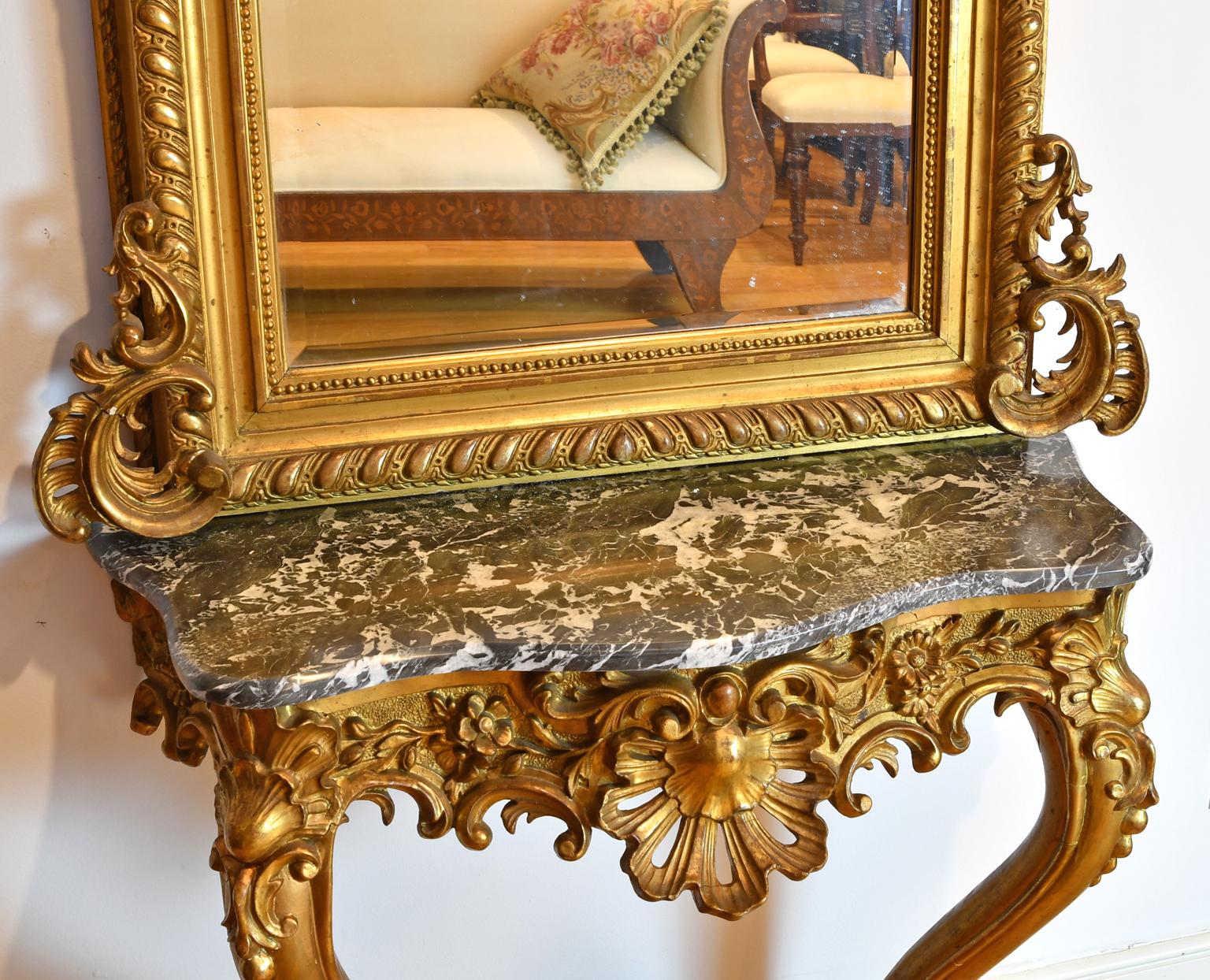 Hand-Carved French Rococo Louis XV Style Giltwood Mirror & Console W/ Black & White Marble For Sale