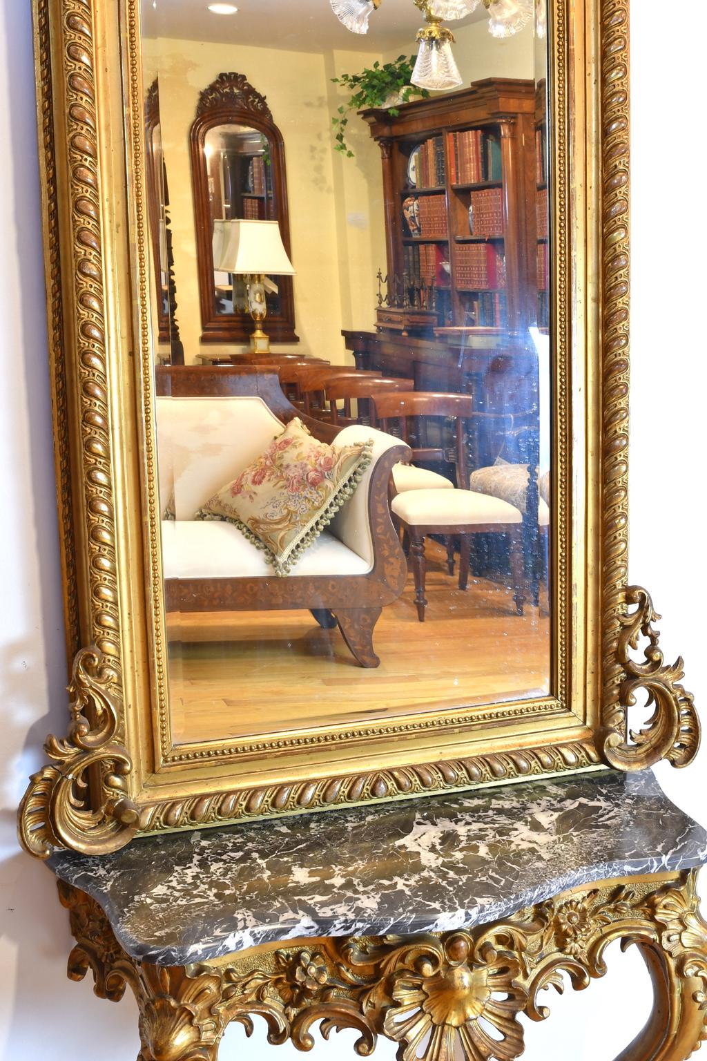 Gesso French Rococo Louis XV Style Giltwood Mirror & Console W/ Black & White Marble For Sale