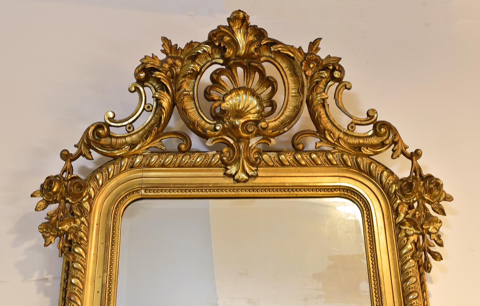 French Rococo Louis XV Style Giltwood Mirror & Console W/ Black & White Marble For Sale 2