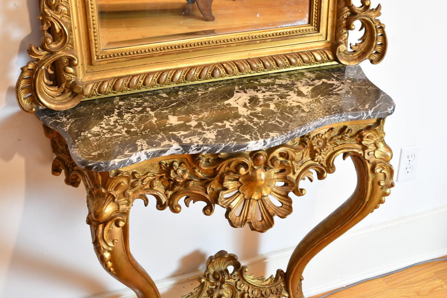 French Rococo Louis XV Style Giltwood Mirror & Console W/ Black & White Marble For Sale 3