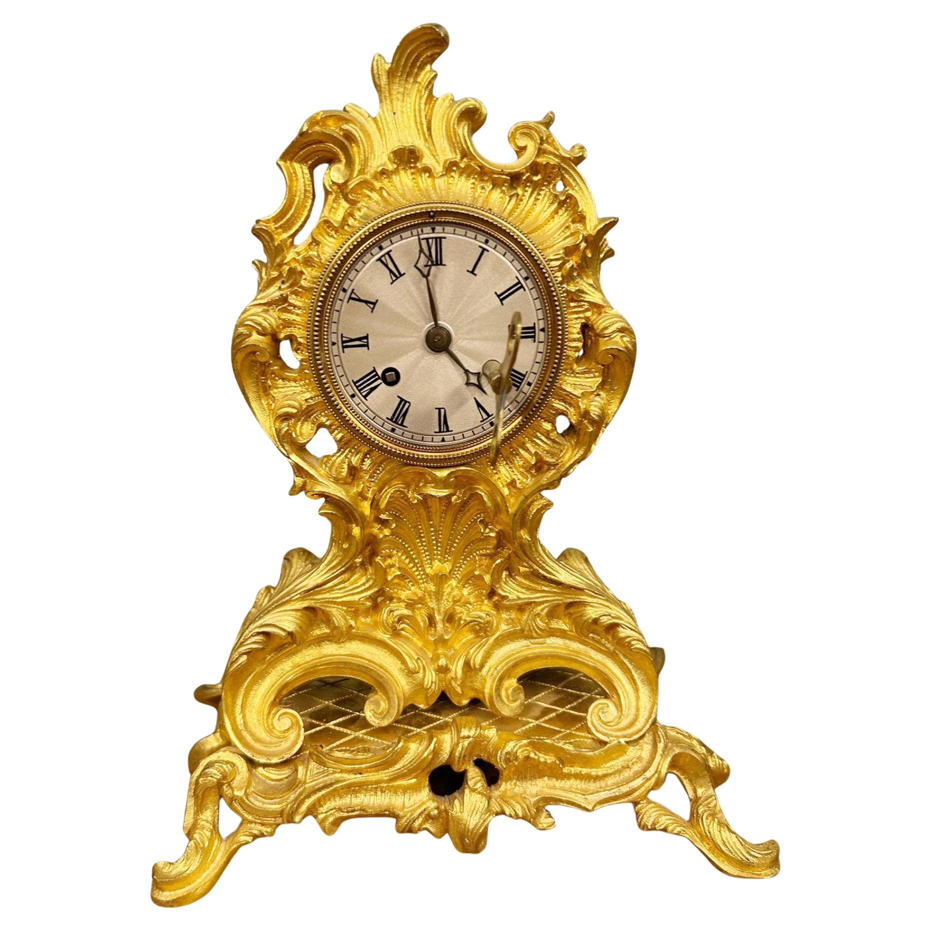 French Rococo Mantel Clock Gilt Antique 1880 For Sale