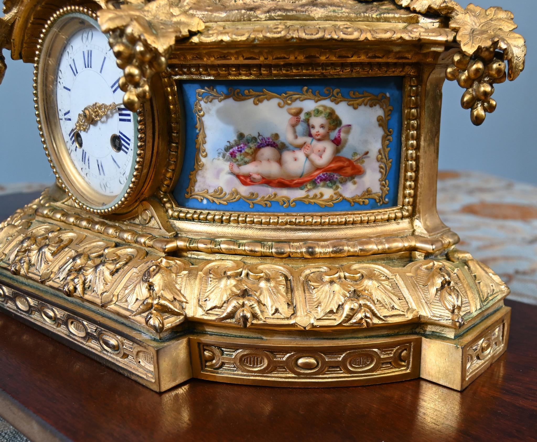 French Rococo Mantel Clock Gilt Cherub Sevres Plaques 1890 For Sale 5