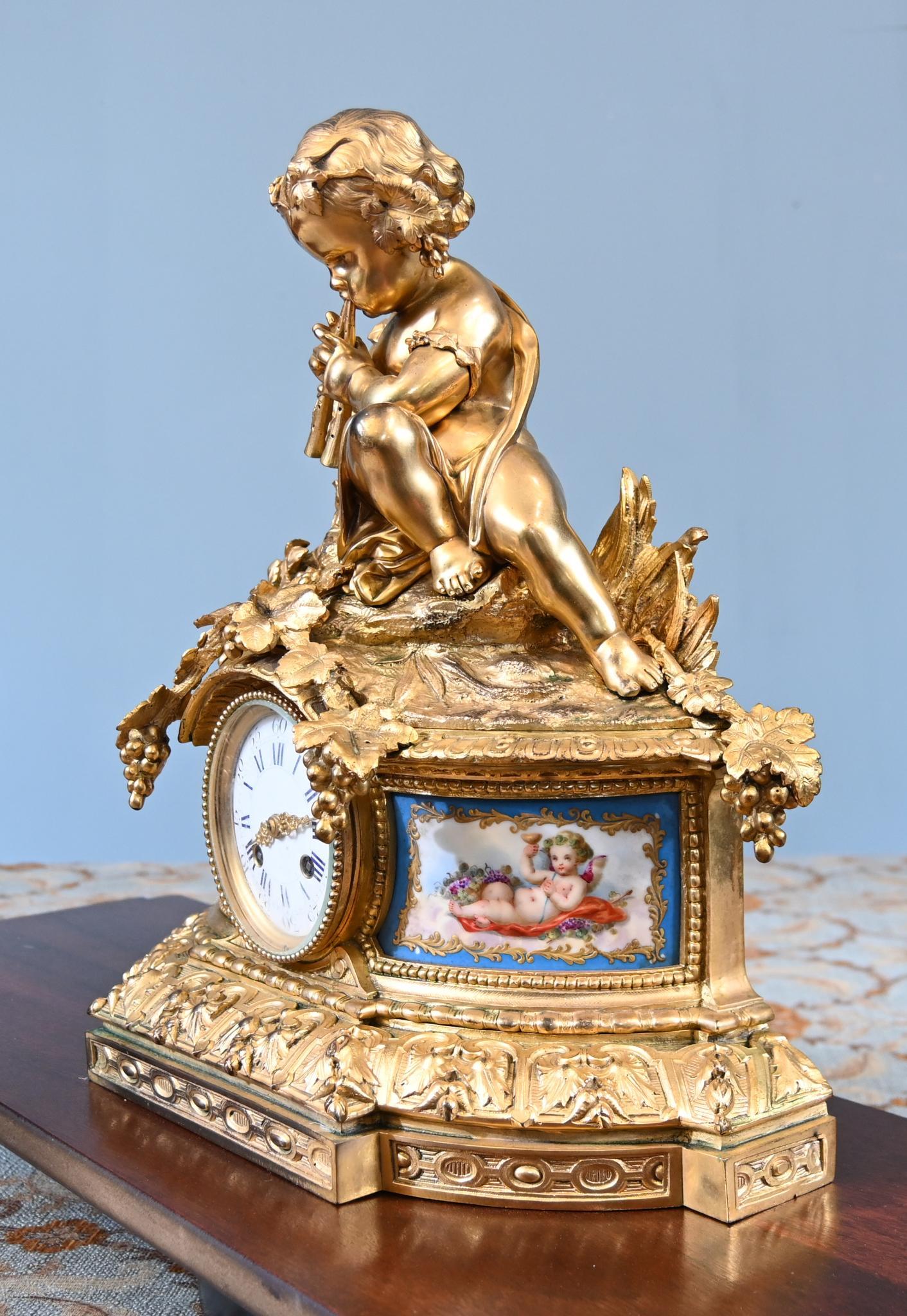 French Rococo Mantel Clock Gilt Cherub Sevres Plaques 1890 For Sale 6
