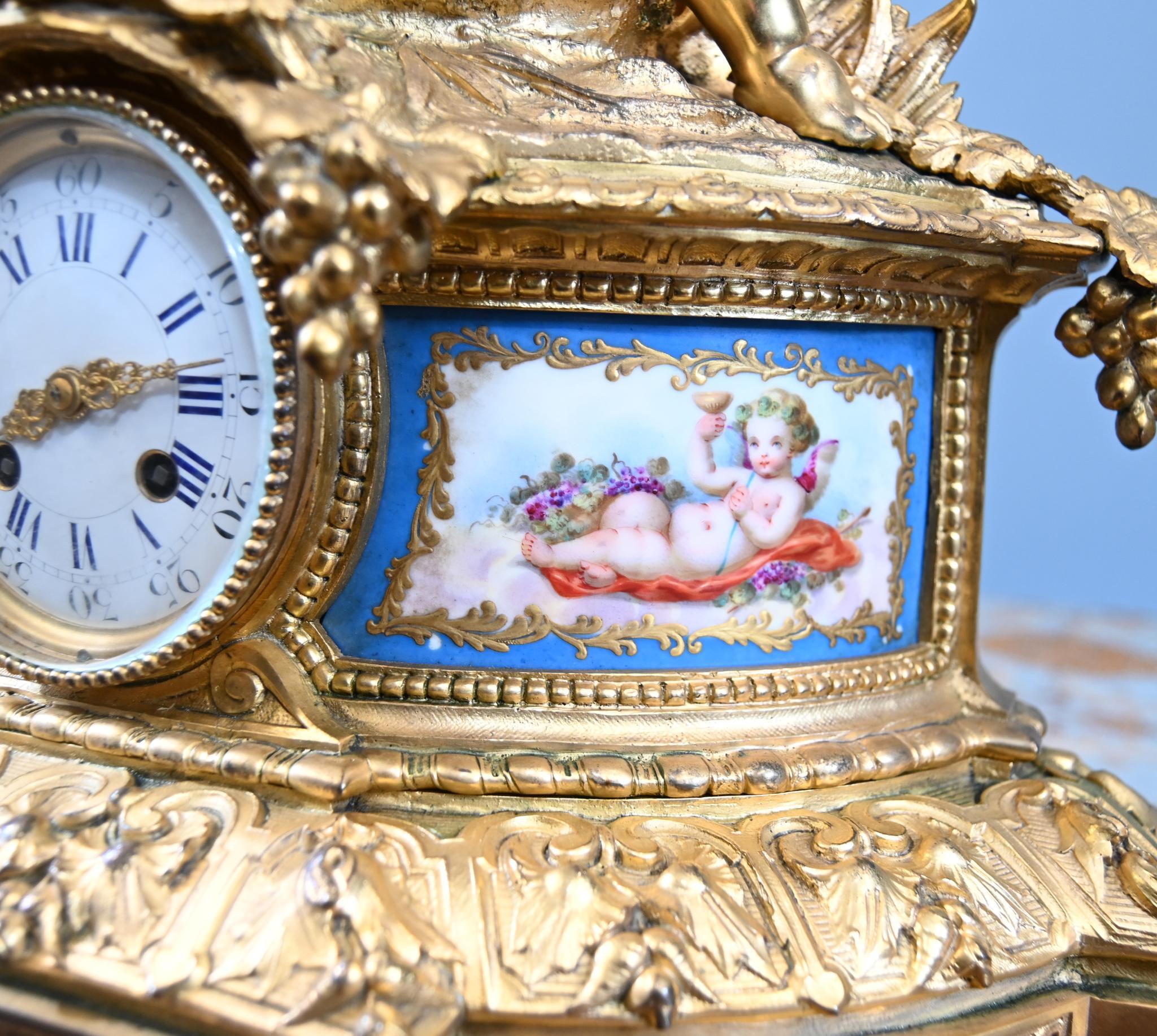 French Rococo Mantel Clock Gilt Cherub Sevres Plaques 1890 For Sale 7