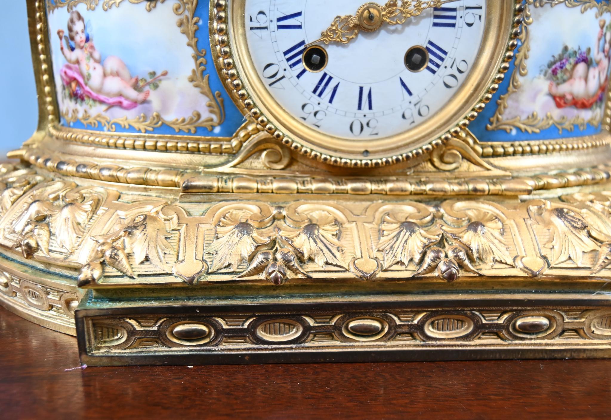 French Rococo Mantel Clock Gilt Cherub Sevres Plaques 1890 For Sale 8