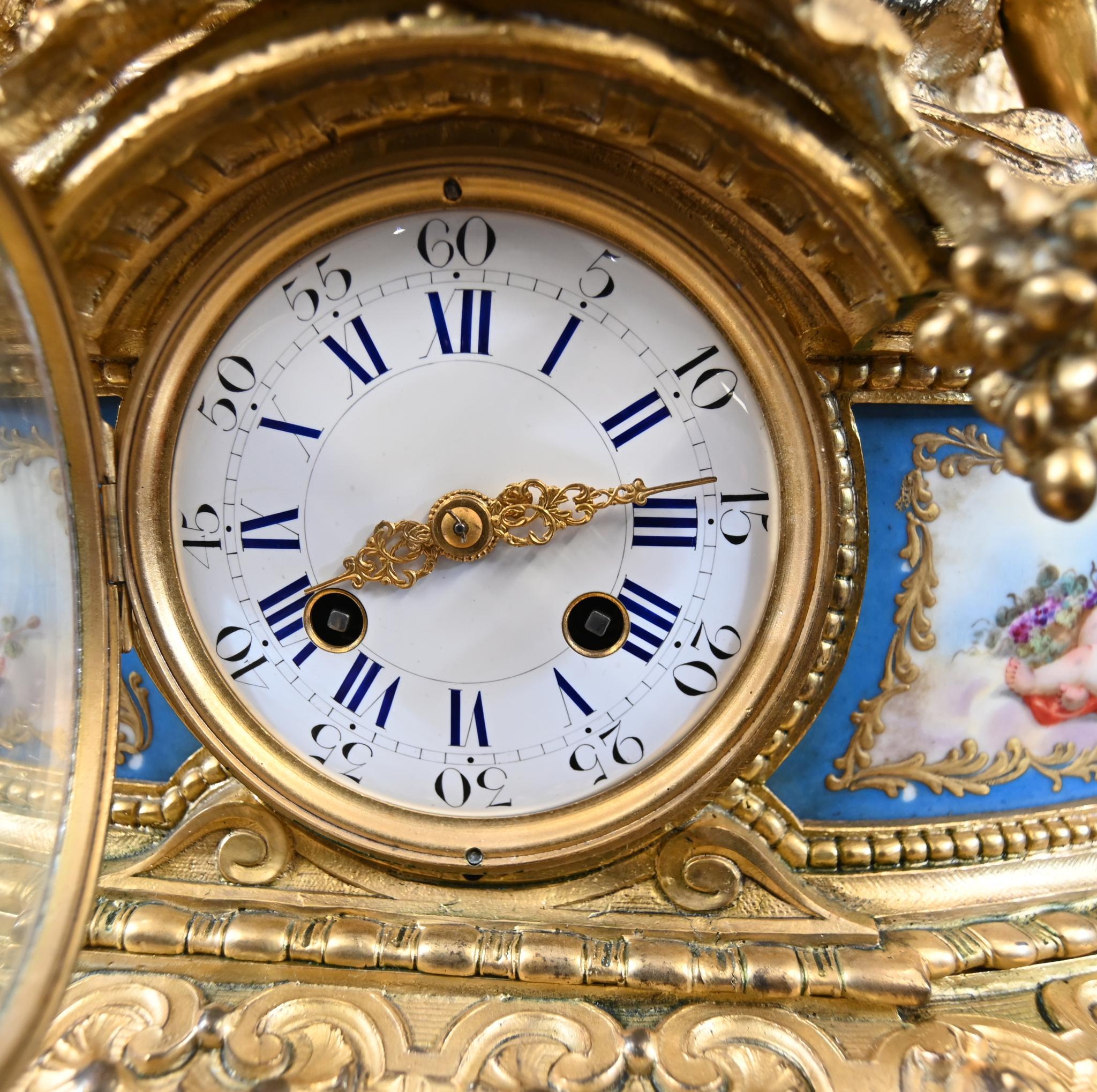 French Rococo Mantel Clock Gilt Cherub Sevres Plaques 1890 For Sale 9