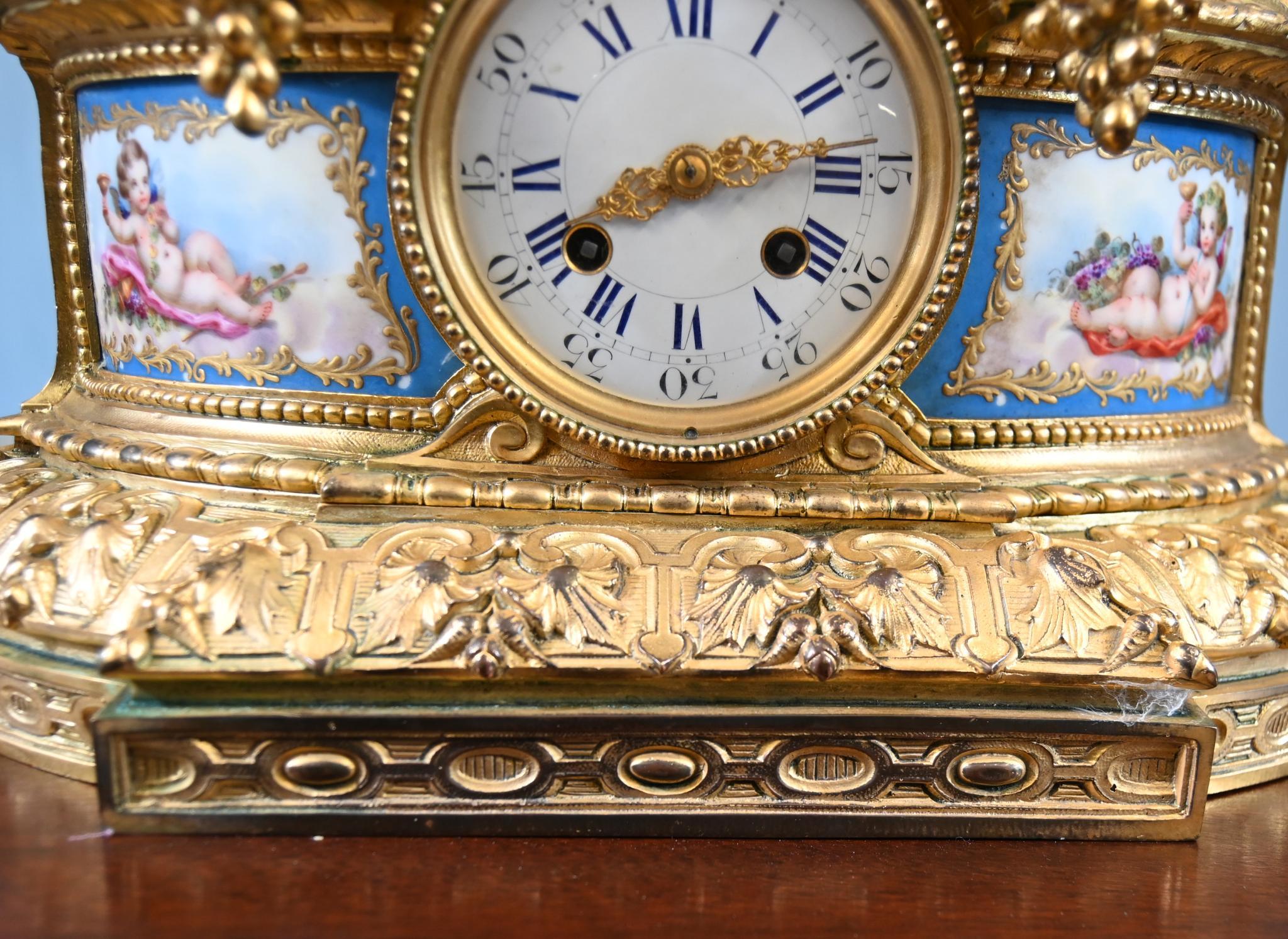 French Rococo Mantel Clock Gilt Cherub Sevres Plaques 1890 For Sale 10