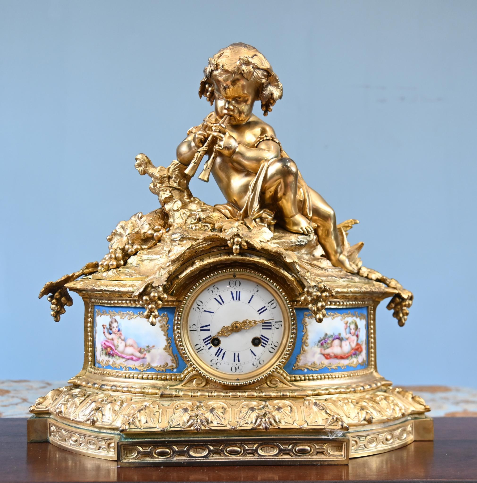 French Rococo Mantel Clock Gilt Cherub Sevres Plaques 1890 For Sale 11