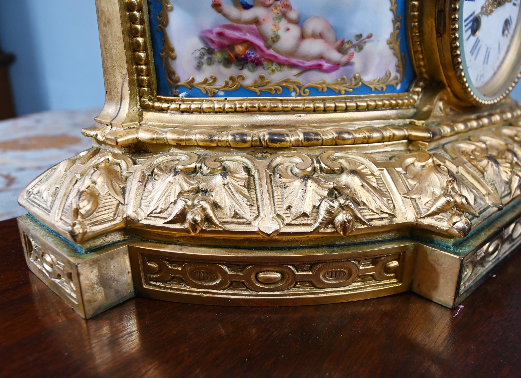 French Rococo Mantel Clock Gilt Cherub Sevres Plaques 1890 In Good Condition For Sale In Potters Bar, GB