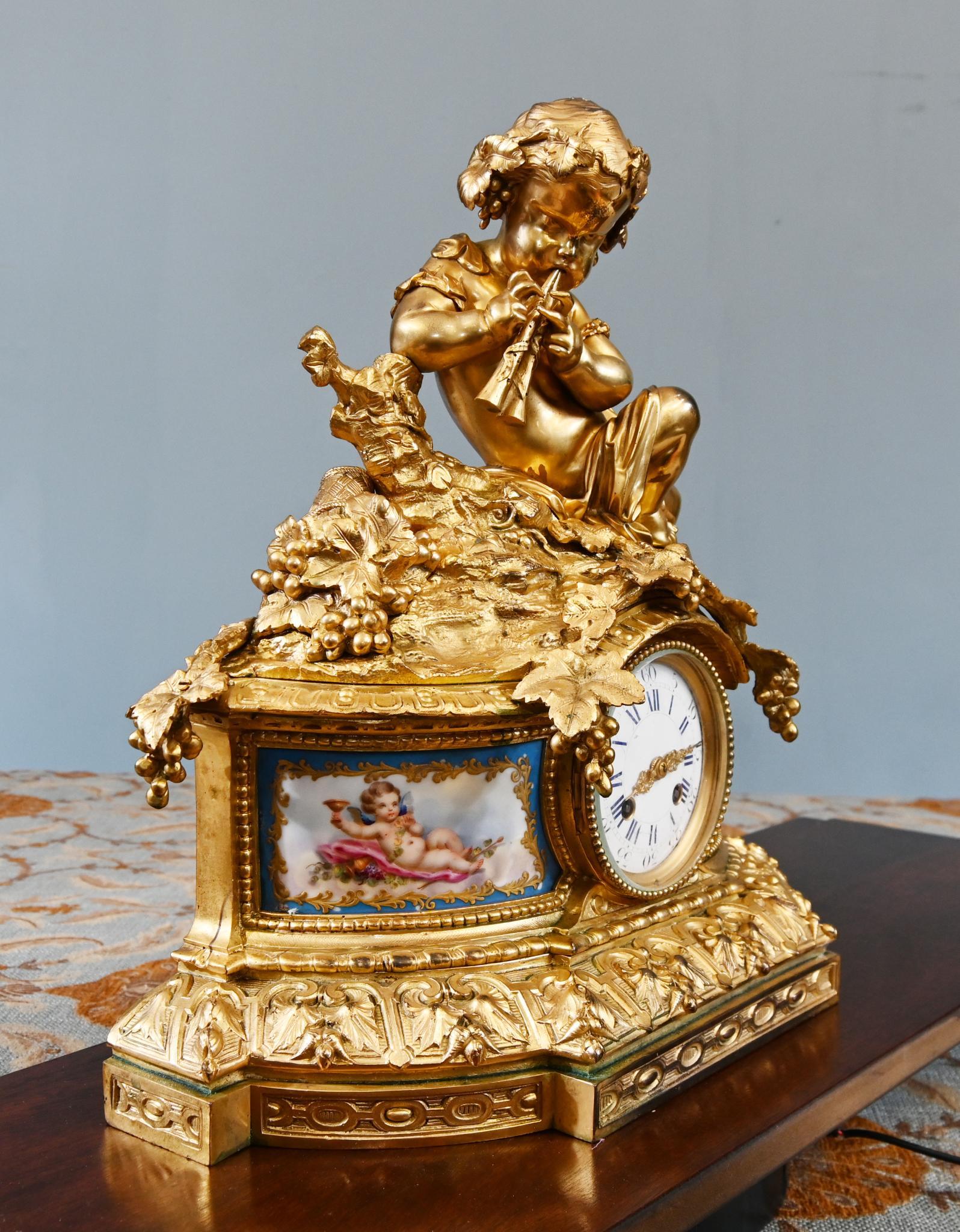 Giltwood French Rococo Mantel Clock Gilt Cherub Sevres Plaques 1890 For Sale