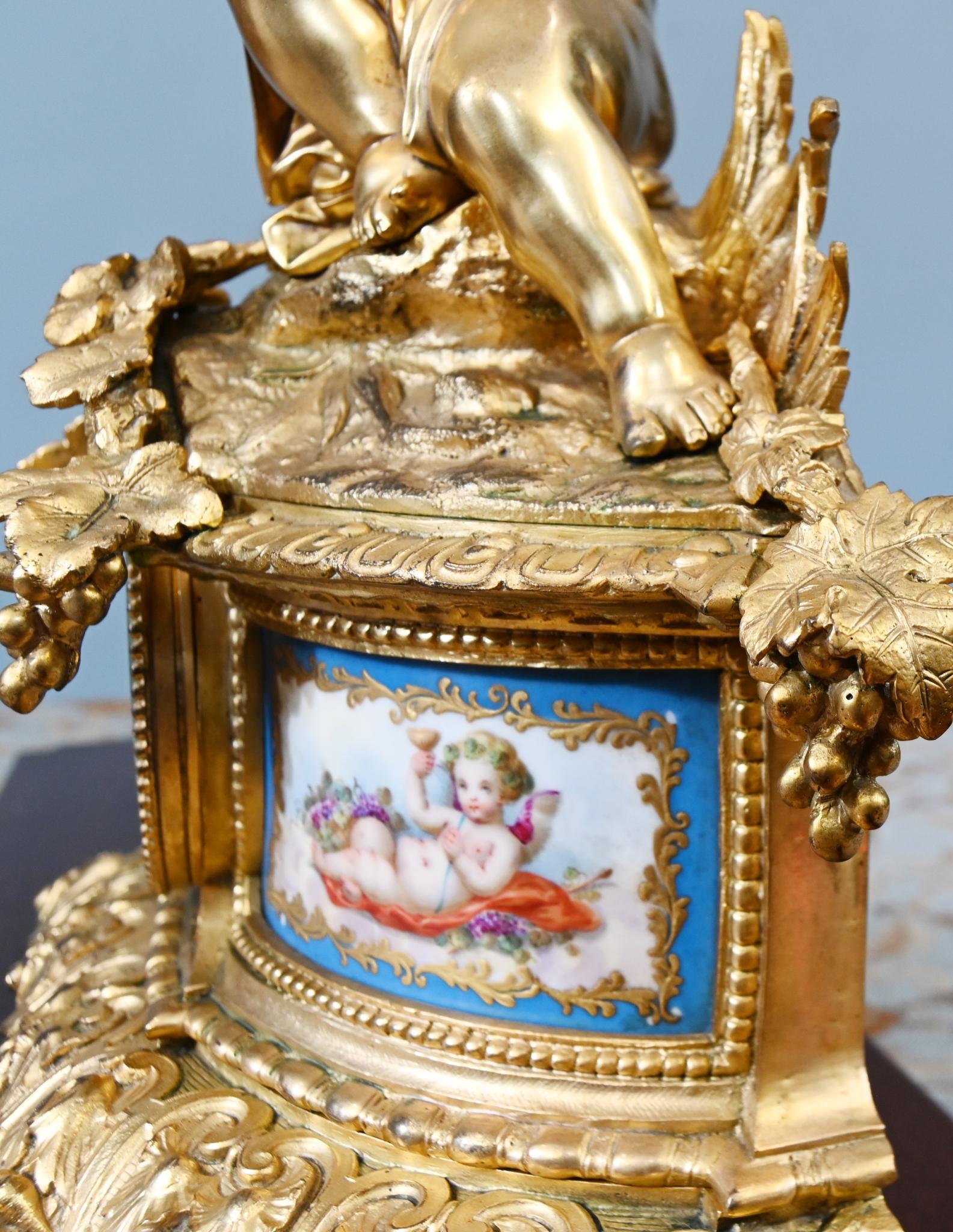 French Rococo Mantel Clock Gilt Cherub Sevres Plaques 1890 For Sale 2