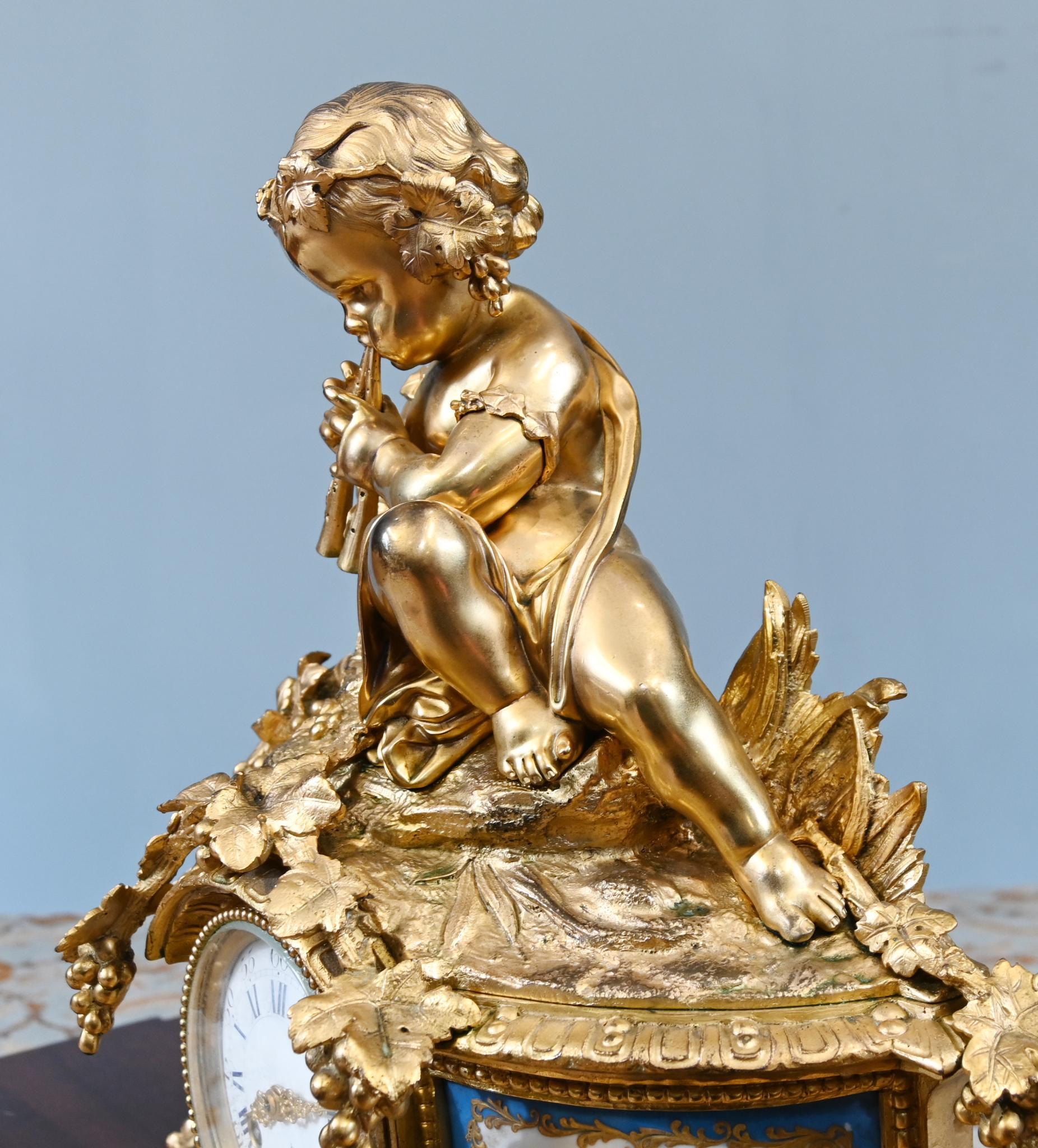 French Rococo Mantel Clock Gilt Cherub Sevres Plaques 1890 For Sale 3