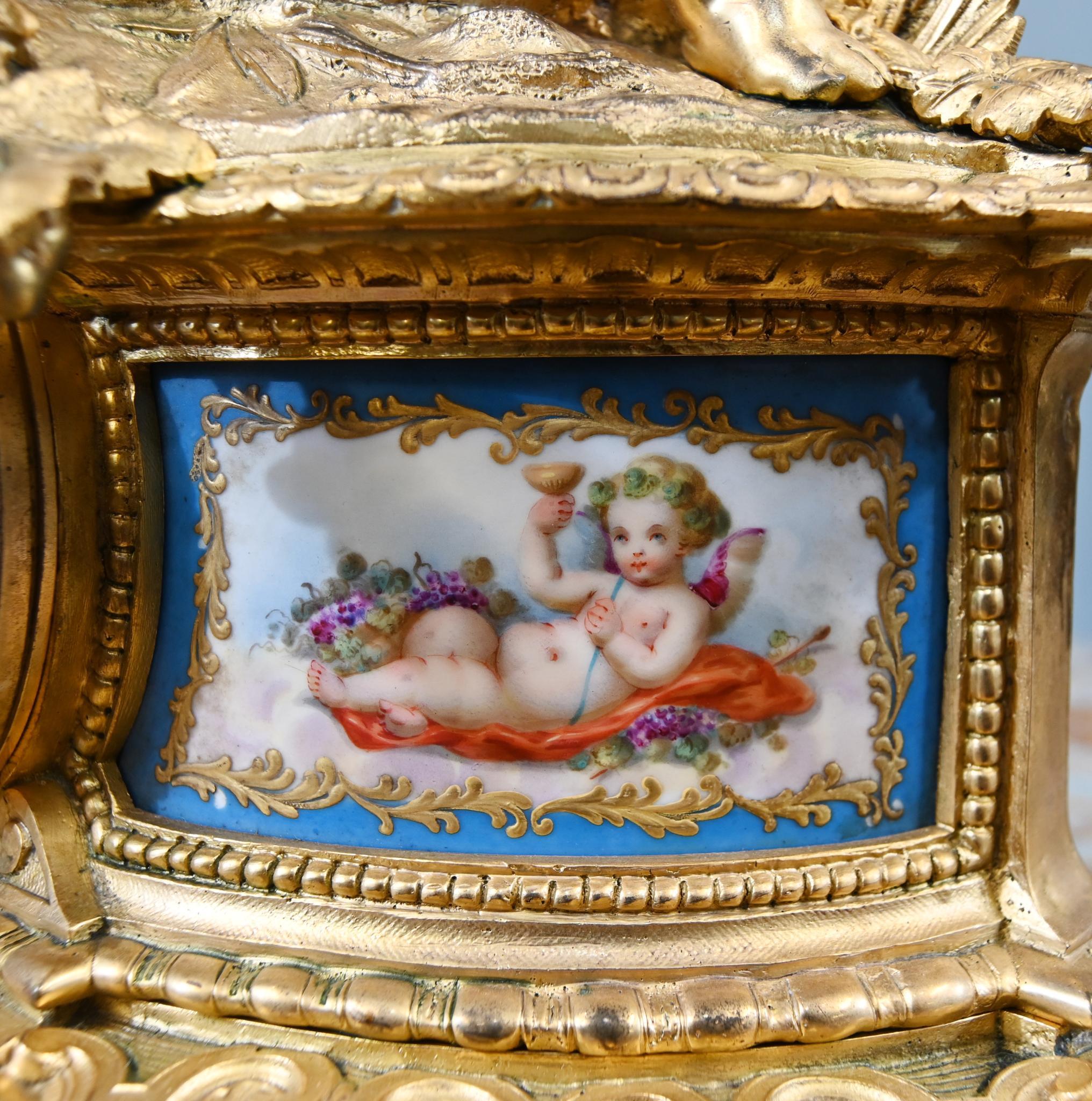 French Rococo Mantel Clock Gilt Cherub Sevres Plaques 1890 For Sale 4