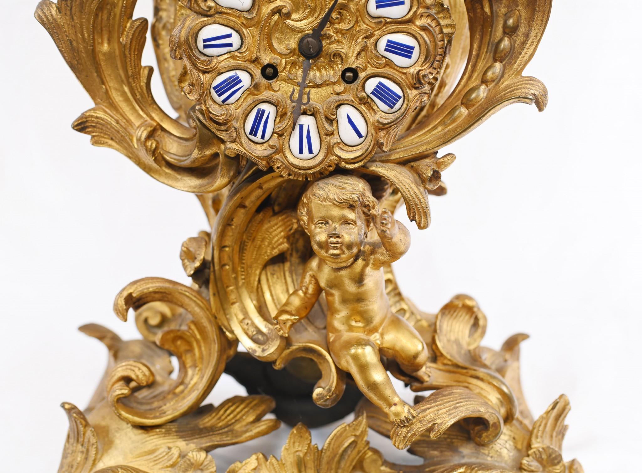 Late 19th Century French Rococo Mantle Clock Gilt Cherub, 1880