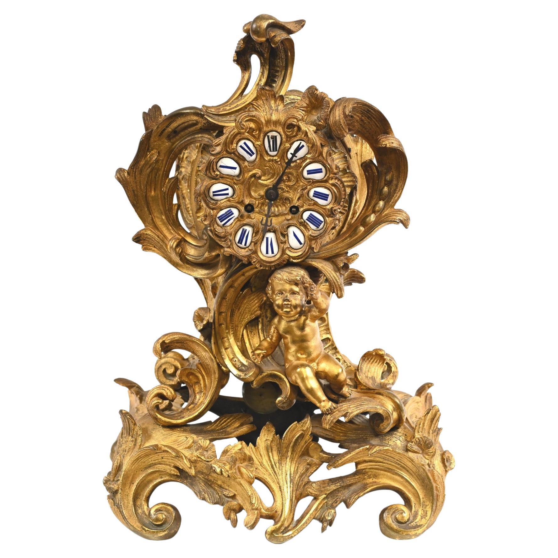 French Rococo Mantle Clock Gilt Cherub, 1880