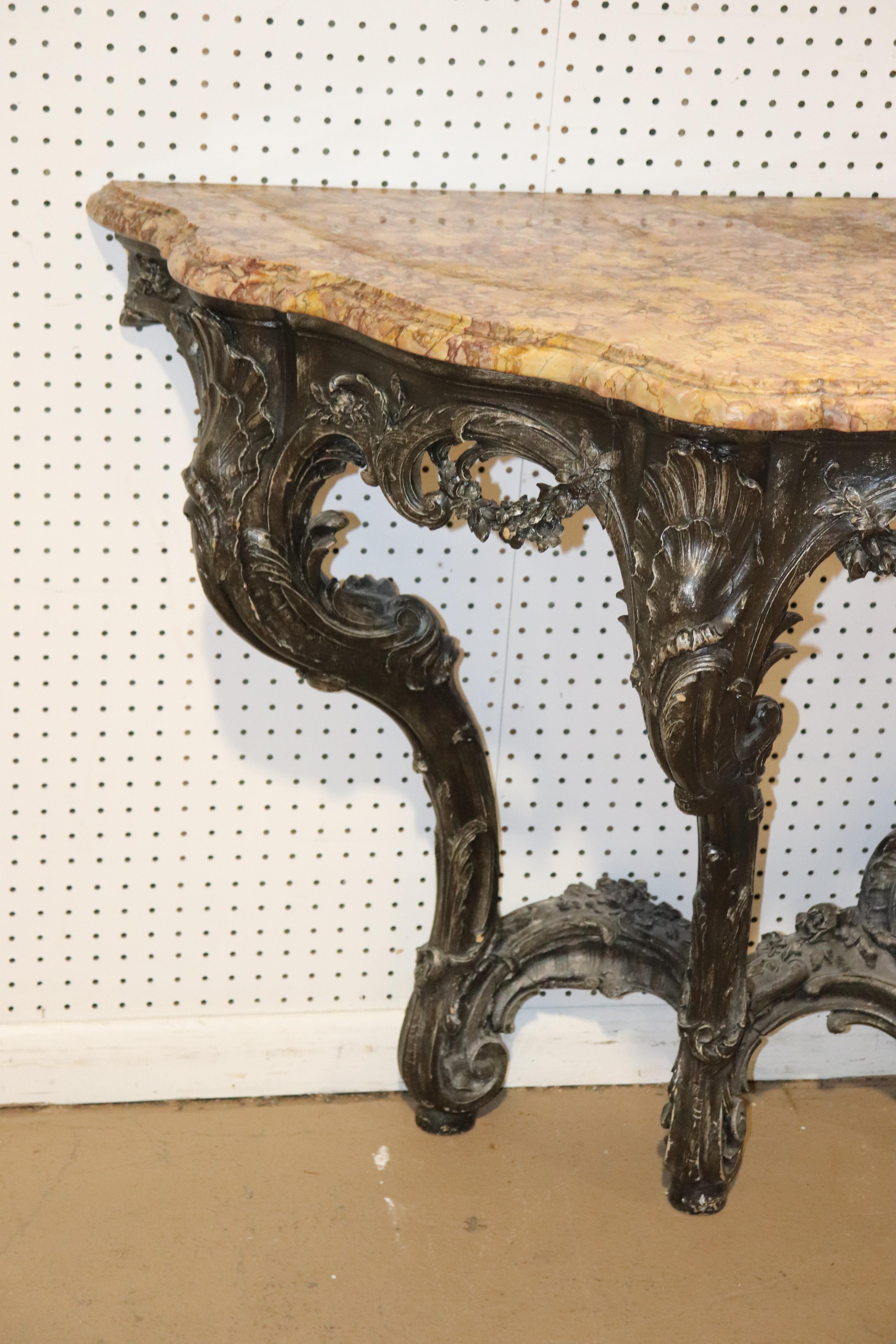 French Rococo Marble-Top Wall Mounted Console Table with Ebonized Finish C1890 In Good Condition In Swedesboro, NJ
