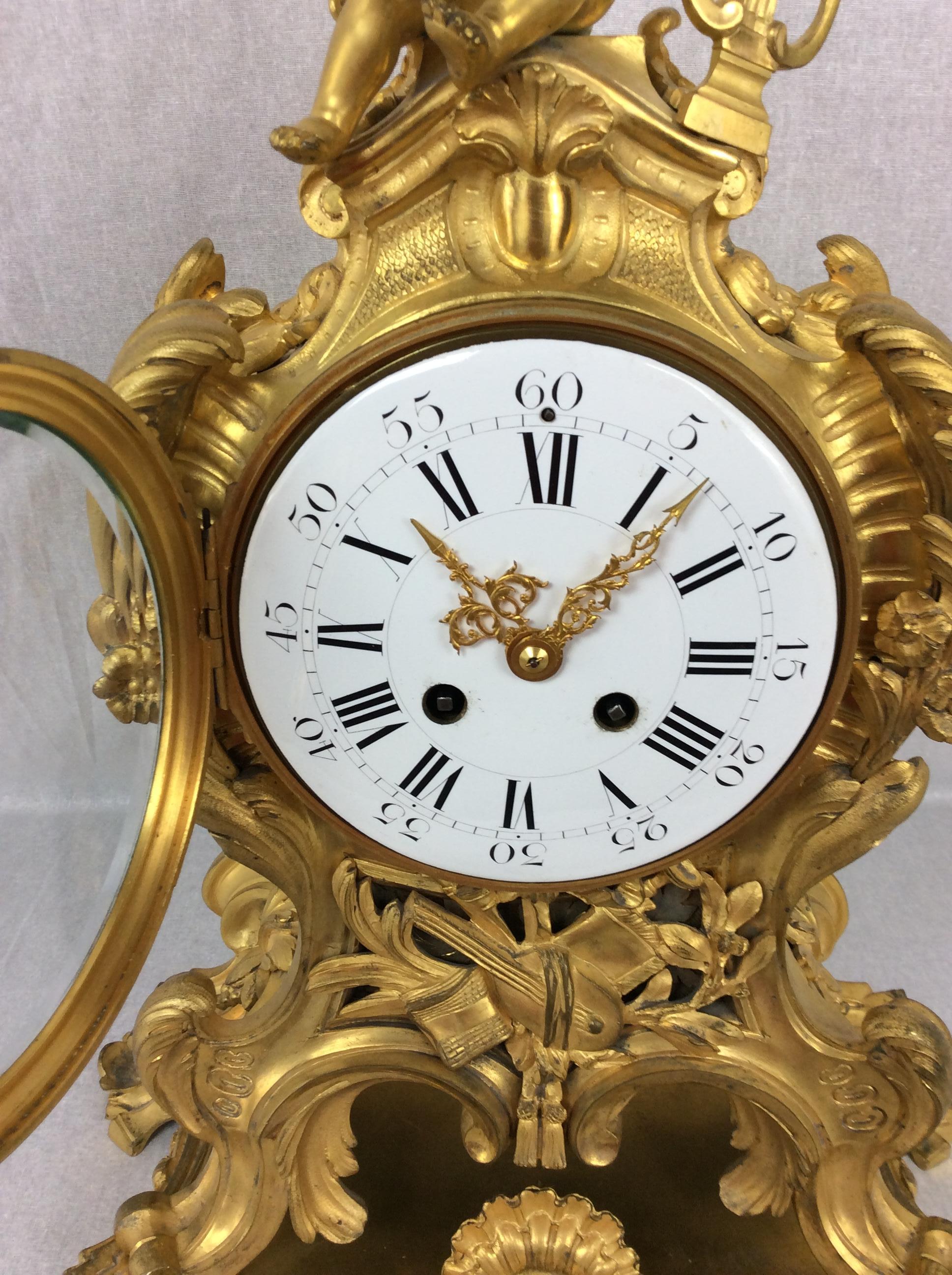 French Rococo Ormolu Mantel Clock Set by Samuel Marti For Sale 2
