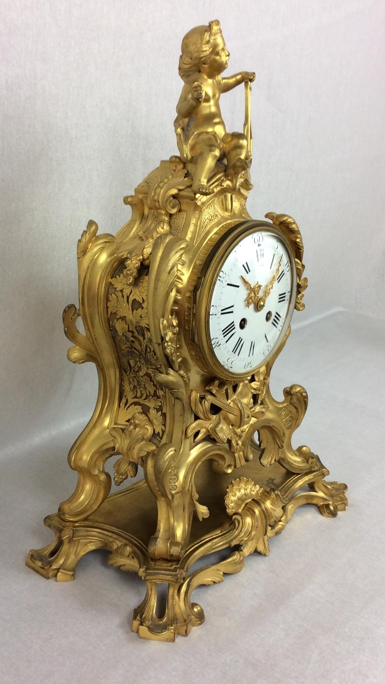 French Rococo Ormolu Mantel Clock Set After Meissonnier, Samuel Marti  For Sale 6