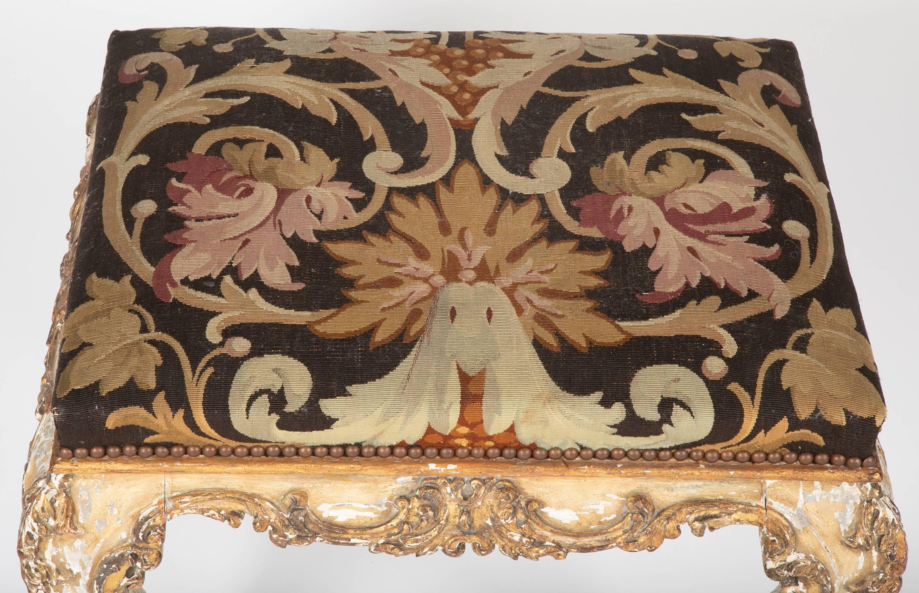  French Rococo Painted and Gilt Stool with Aubusson Upholstery 2