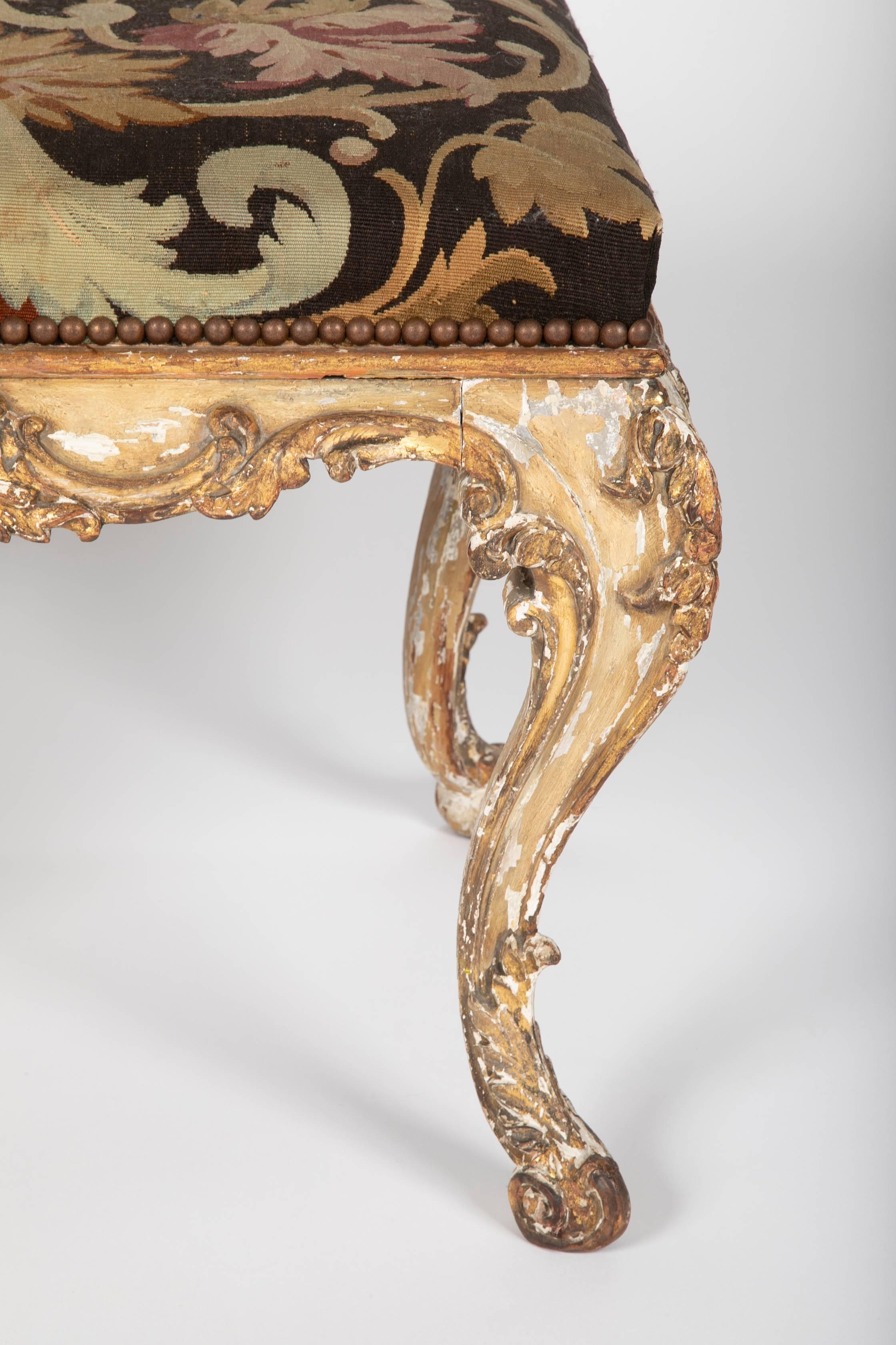 Louis XV  French Rococo Painted and Gilt Stool with Aubusson Upholstery